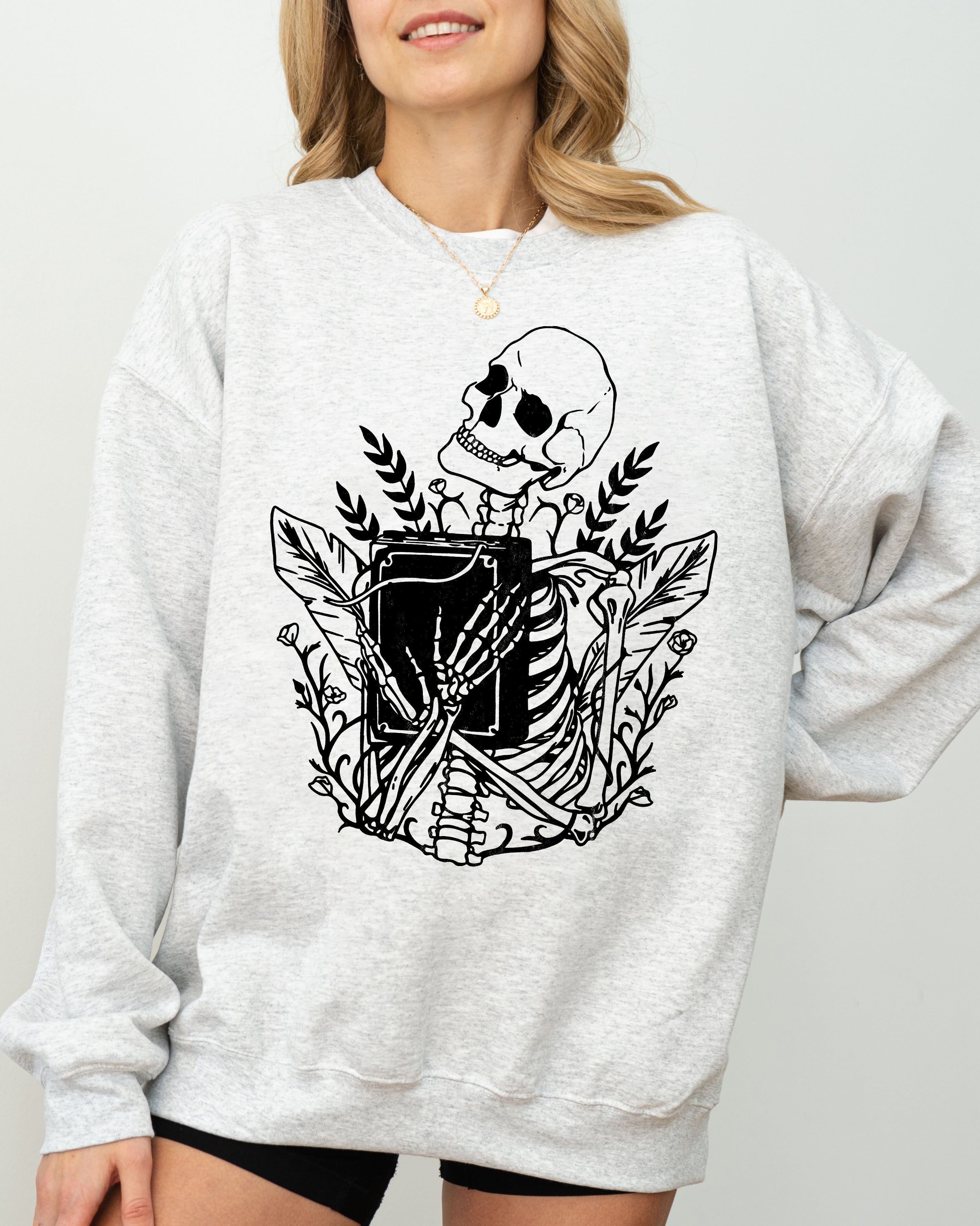Reading Skeleton Witch Ghost Skull Spooky Meme Halloween Costume Seasonal Sweatshirt