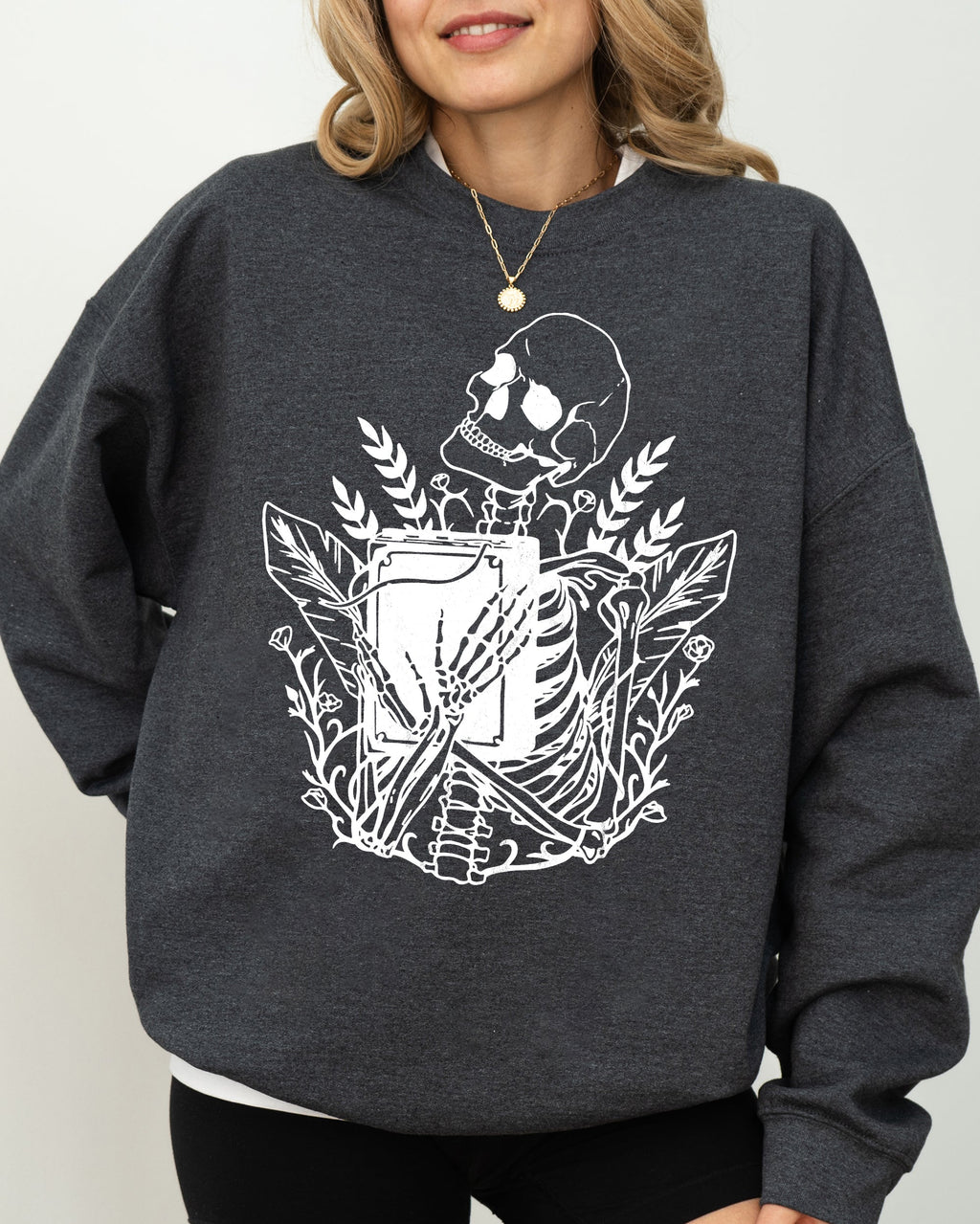 Reading Skeleton Witch Ghost Skull Spooky Meme Halloween Costume Seasonal Sweatshirt