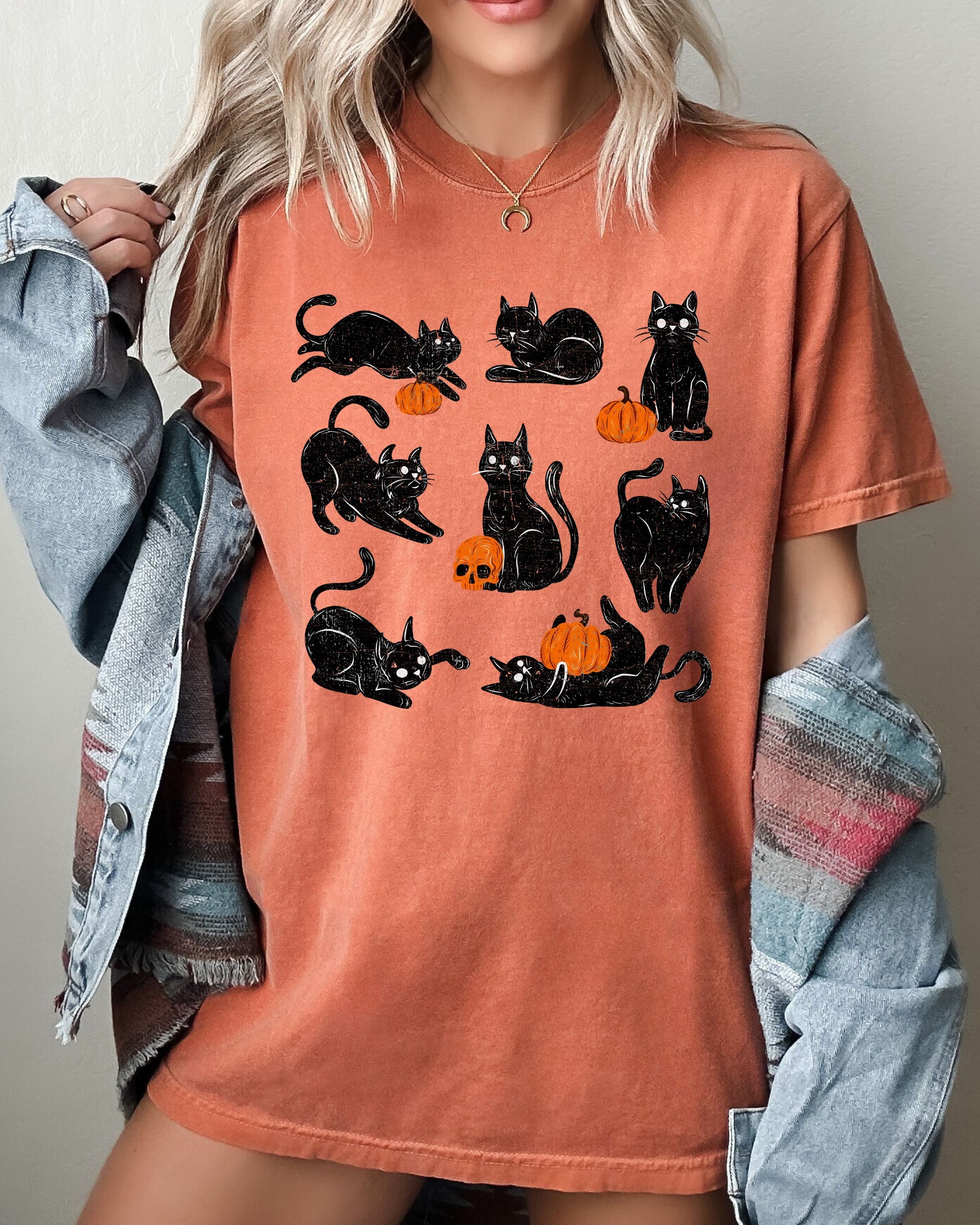 Mini Cats and Pumpkins Skeleton Witch Ghost Skull Spooky Aesthetic Meme Halloween Costume Comfort Colors Tee