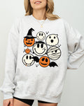 Retro Spooky Faces Skeleton Witch Skull Meme Halloween Costume Graphic Sweatshirt