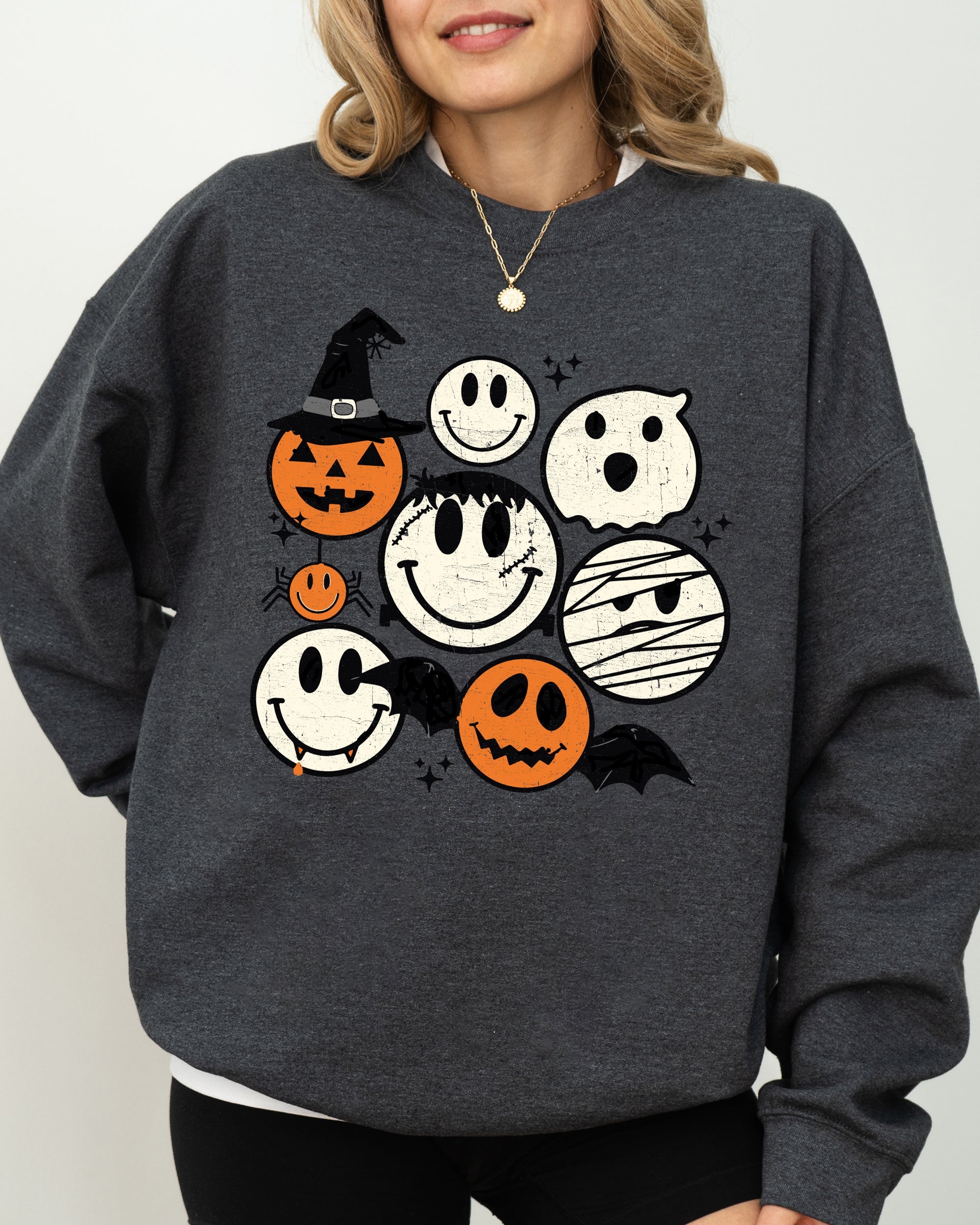 Retro Spooky Faces Skeleton Witch Skull Meme Halloween Costume Graphic Sweatshirt