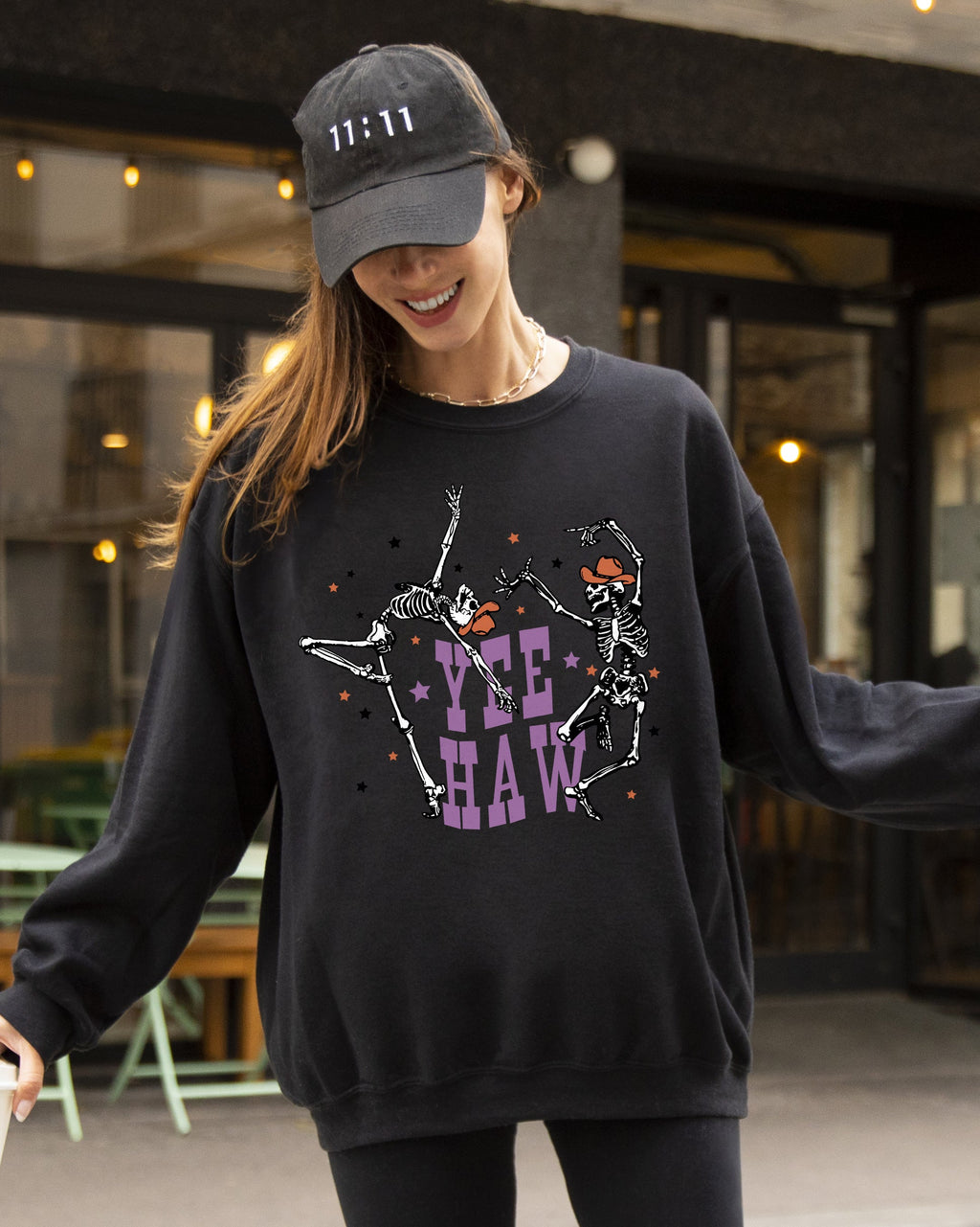 Yee Haw Dancing Skeletons Halloween Western Witch Skull Costume Print Sweatshirt