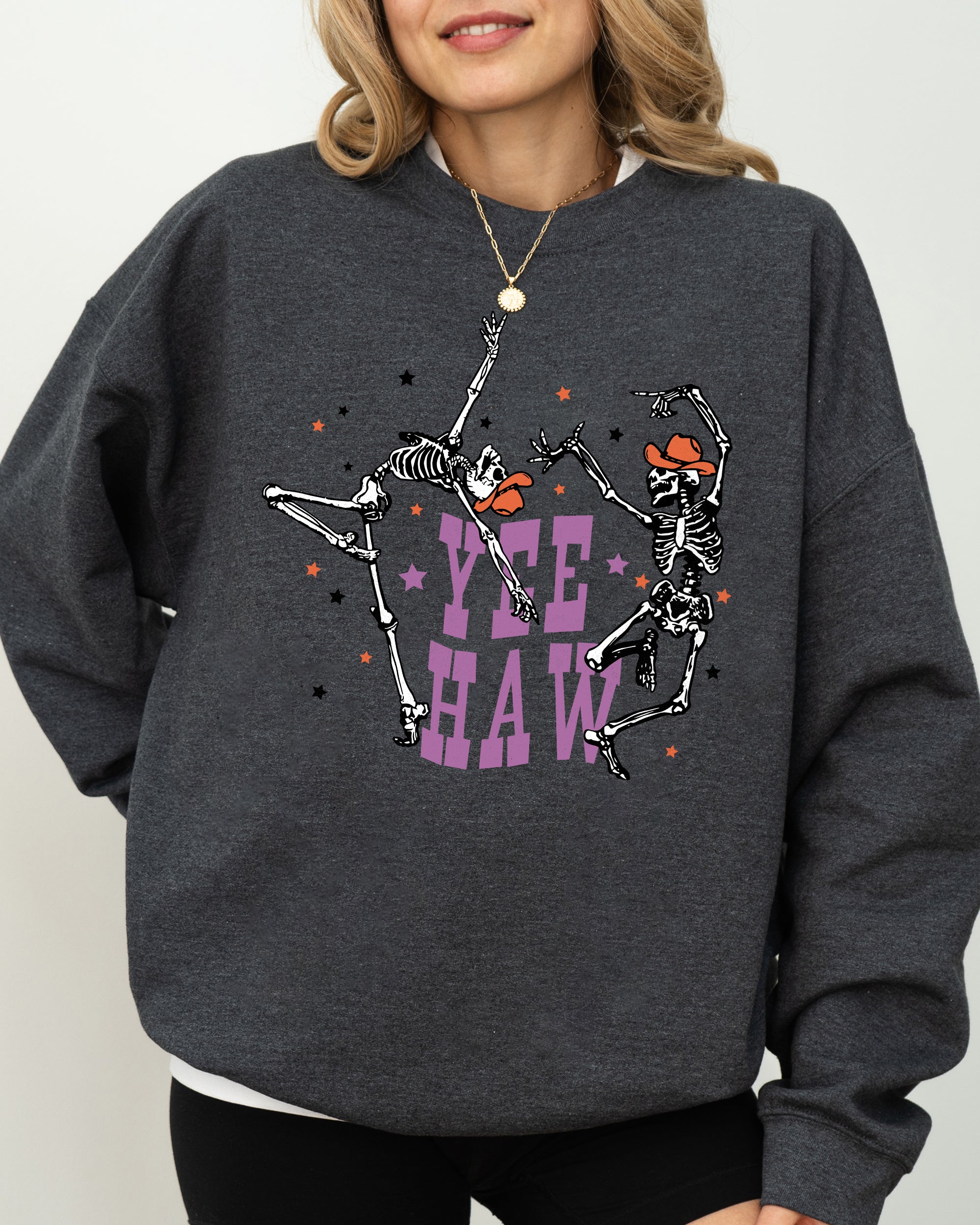 Yee Haw Dancing Skeletons Halloween Western Witch Skull Costume Print Sweatshirt