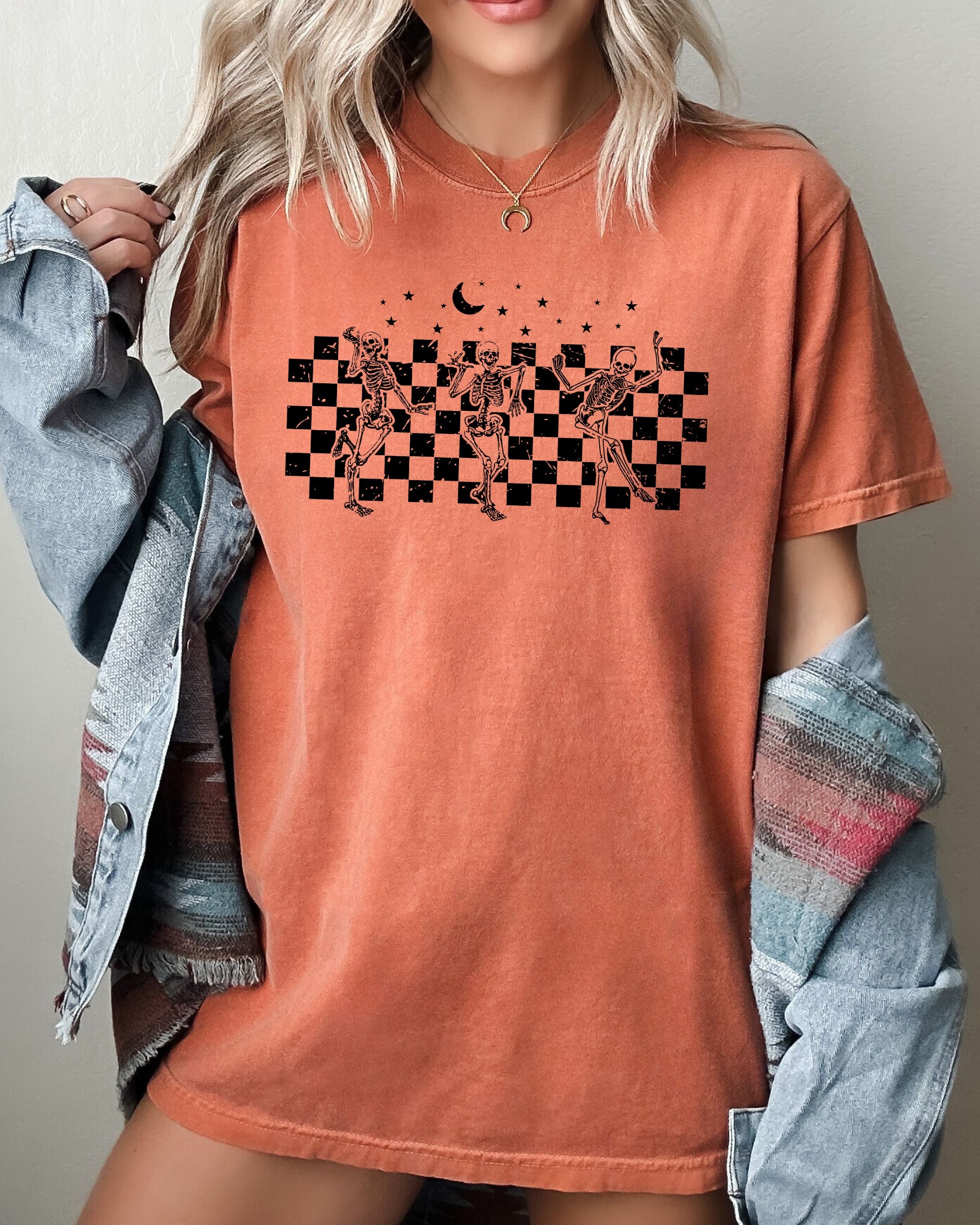 Dancing Skeletons Checkered Ghost Western Witch Skull Aesthetic Meme Halloween Costume Comfort Colors Tee
