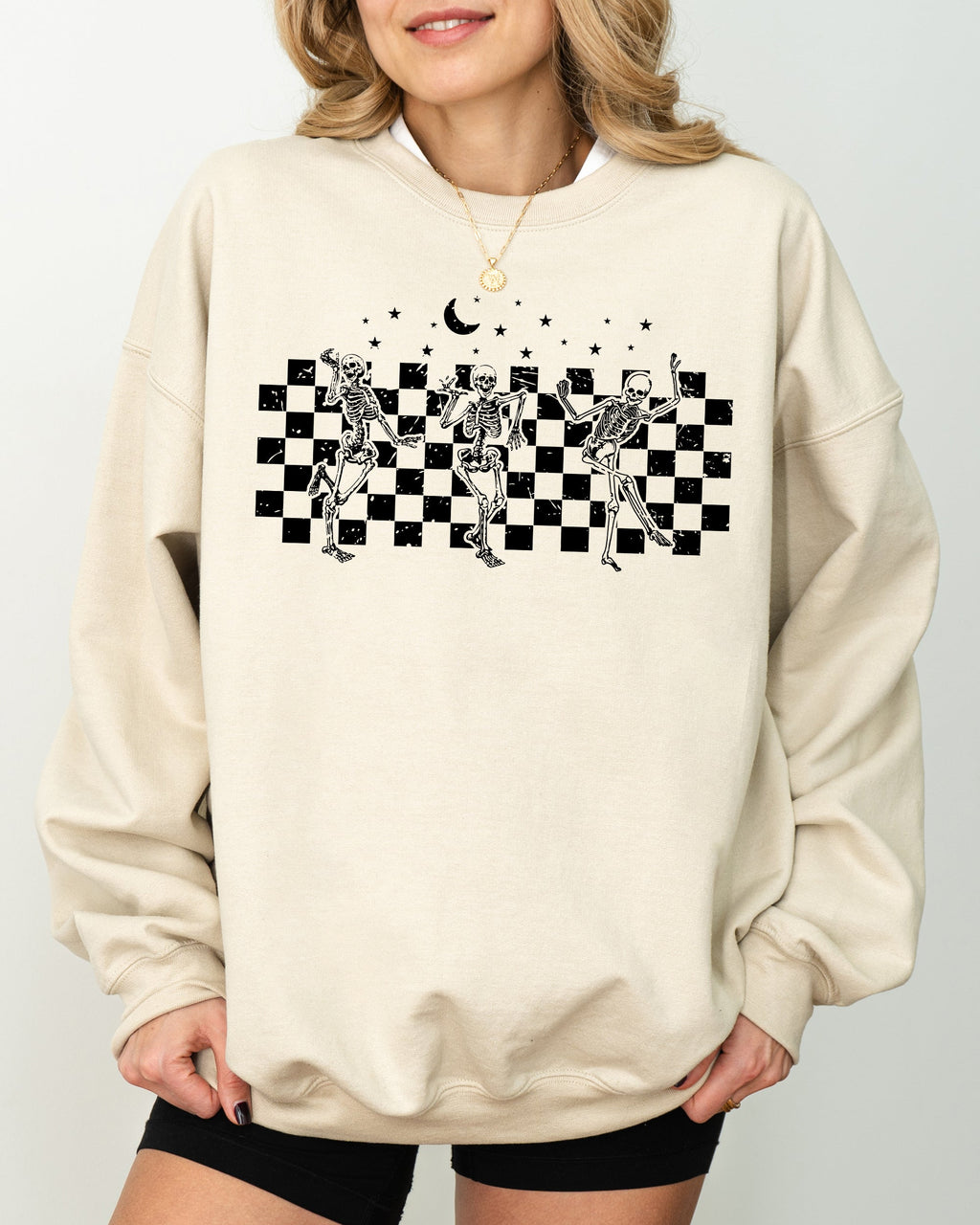 Dancing Skeletons Checkered Ghost Western Witch Skull Halloween Costume Sweatshirt