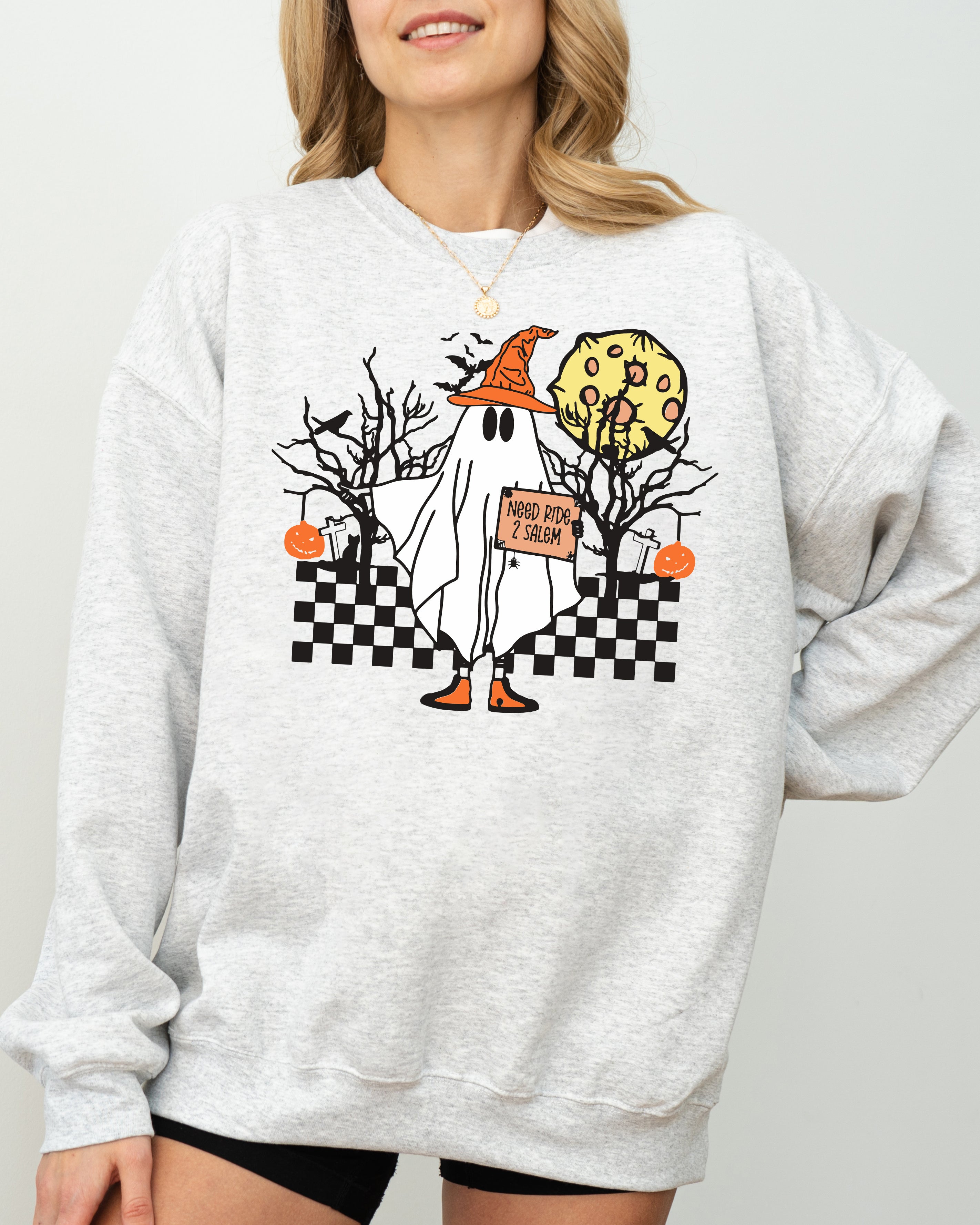 Need Ride To Salem Ghost Spooky Scary Skeleton Skull Western Witch Meme Halloween Costume Sweatshirt