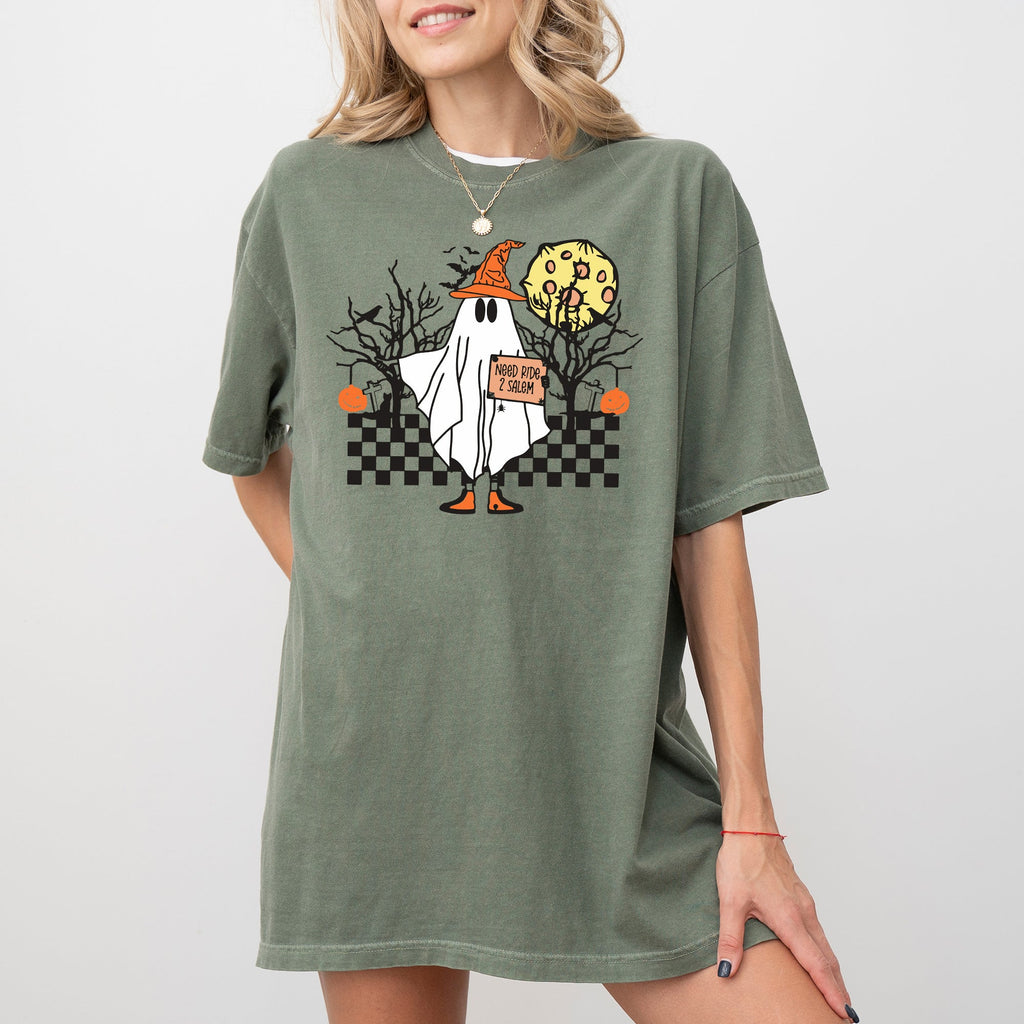 Need Ride To Salem Ghost Spooky Skeleton Witch Halloween Meme Comfort Colors Tee