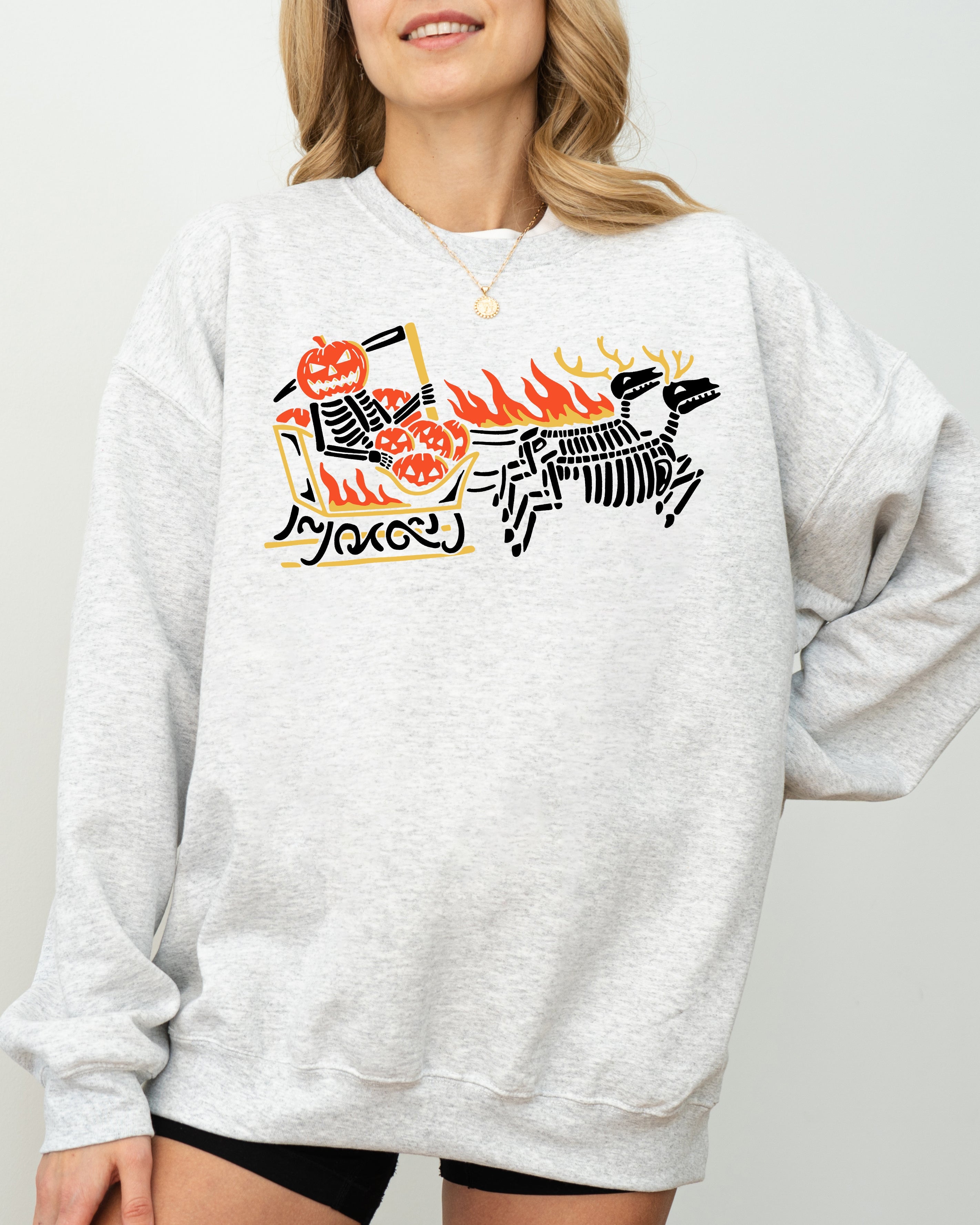 Pumpkin Head Sleigh Santa Skeleton Ghost Spooky Scary Skull Western Witch Halloween Costume Sweatshirt