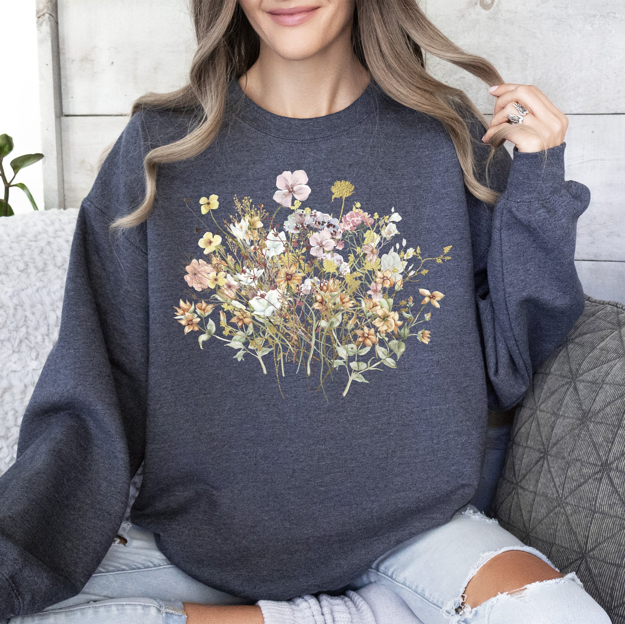 Meadow Pressed Flowers Botanical Meadow Print On Soft Cozy Fleece Premium Sweatshirt