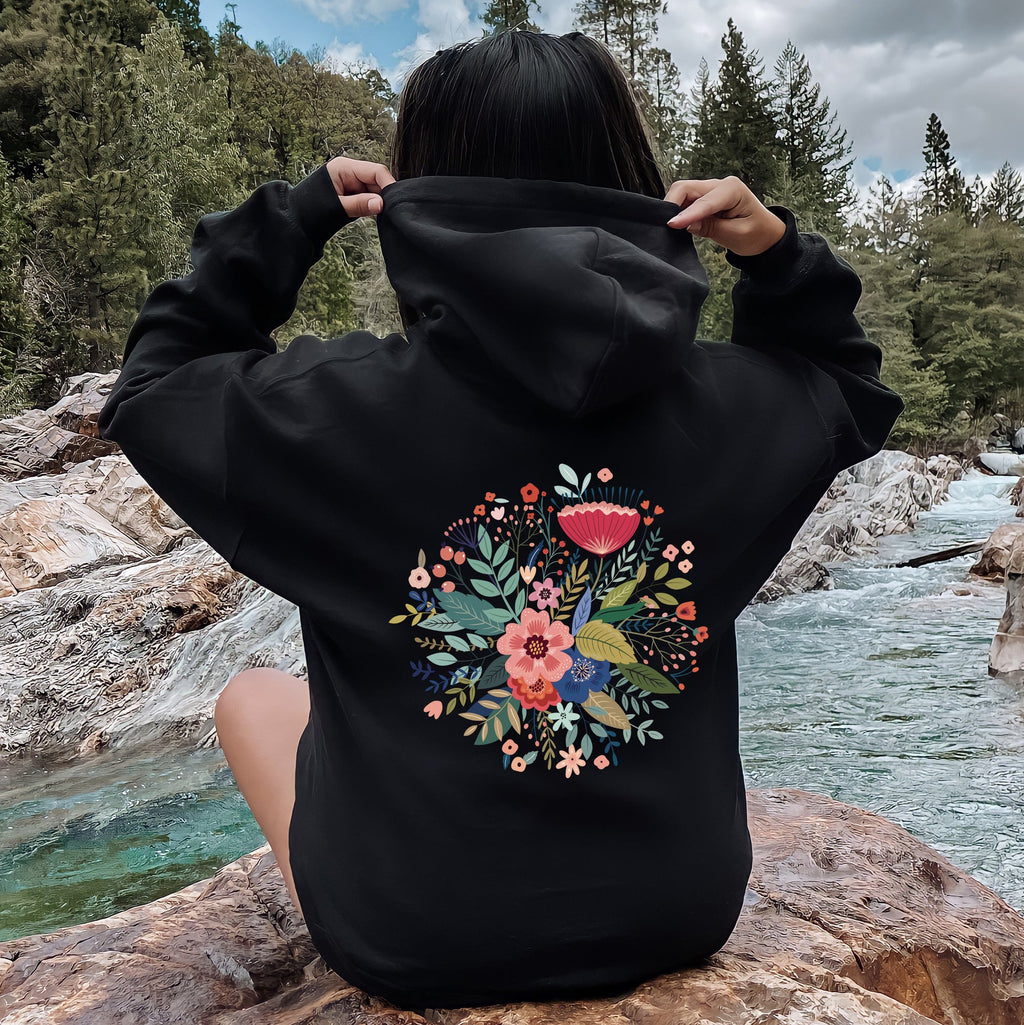 Circular Floral Folk Art Boho Mandala Circle Print Vintage Botanical Motif Collection Artwork Hoodie