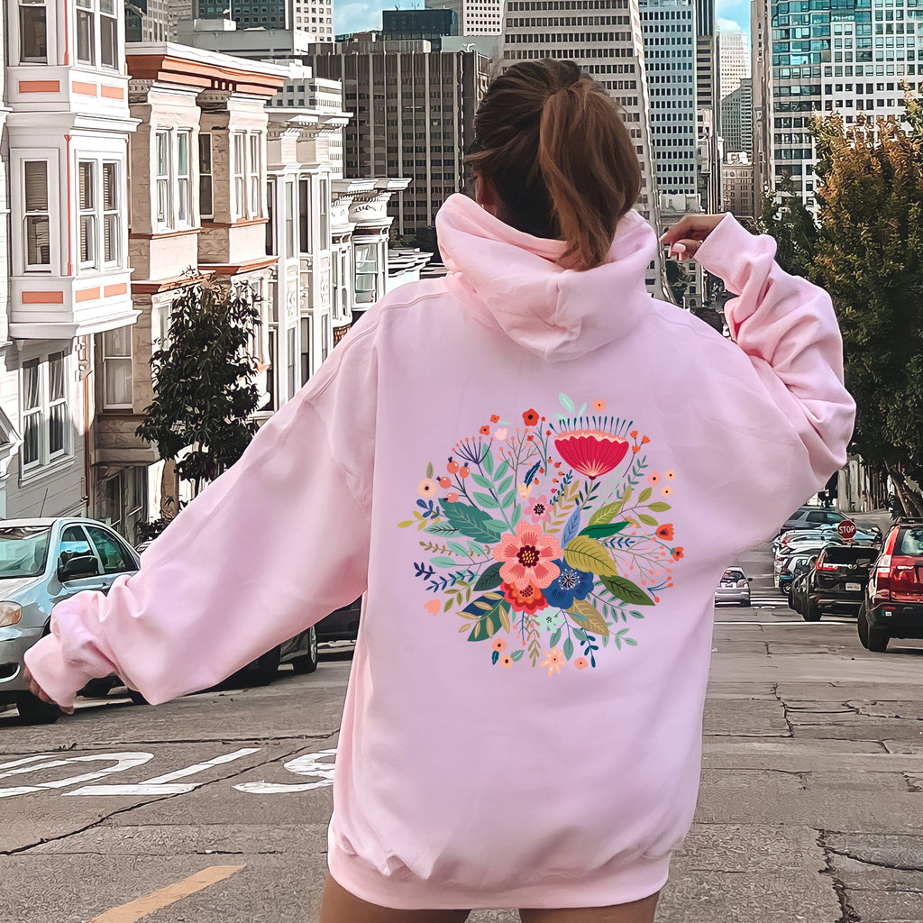 Circular Floral Folk Art Boho Mandala Circle Print Vintage Botanical Motif Collection Artwork Hoodie