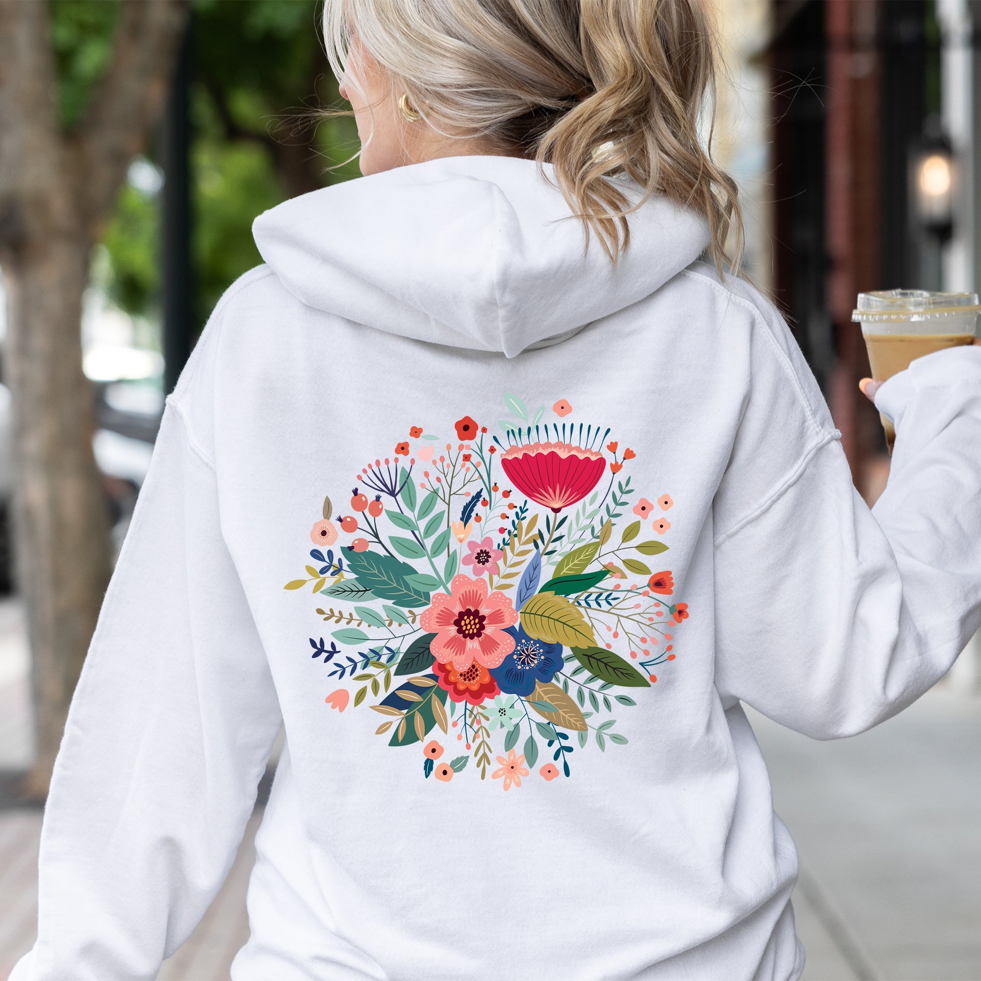 Circular Floral Folk Art Boho Mandala Circle Print Vintage Botanical Motif Collection Artwork Hoodie