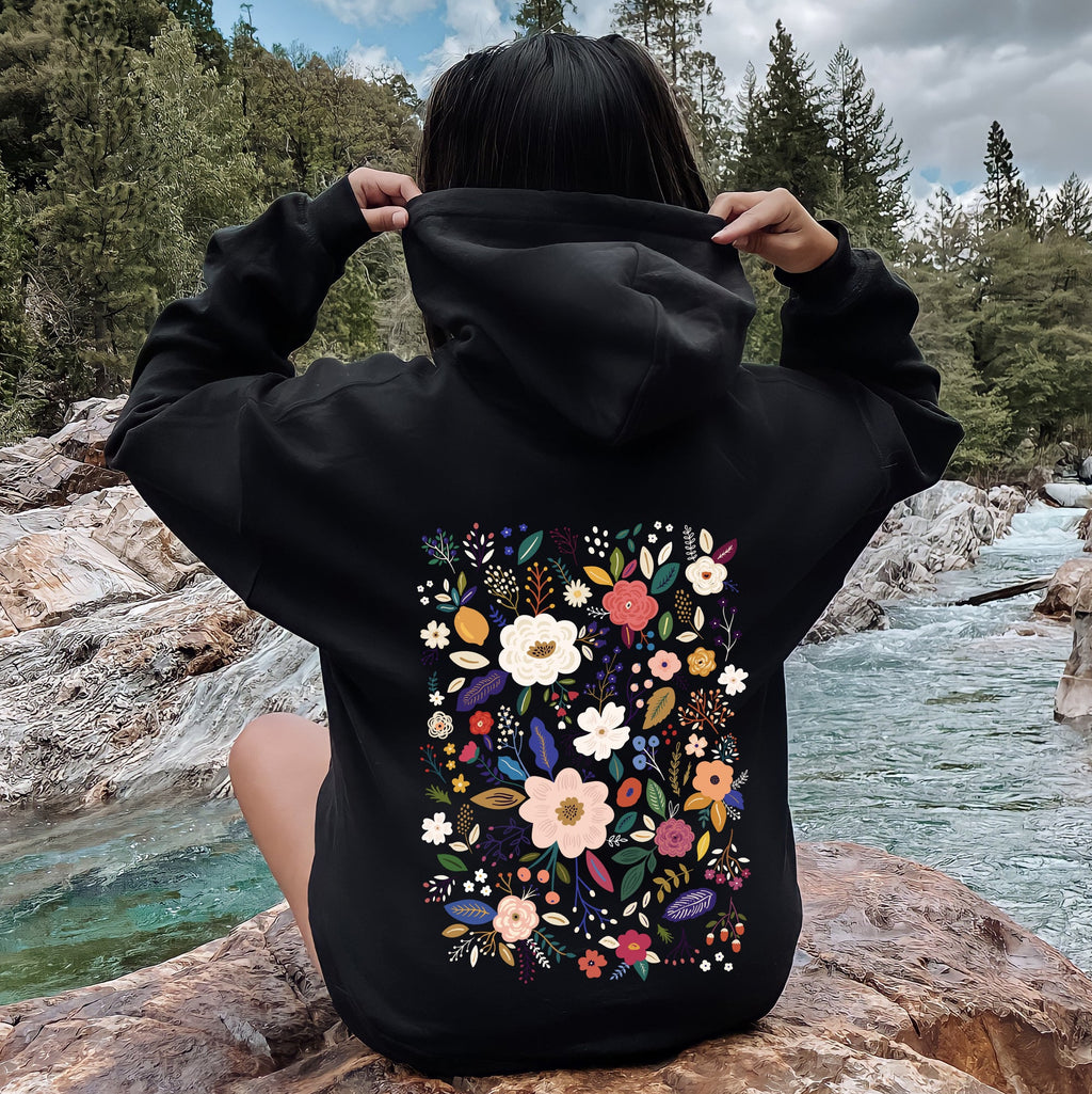 Flower Field Whimsical Colorful Floral Garden Scene Illustration Artwork Print Collection Hoodie