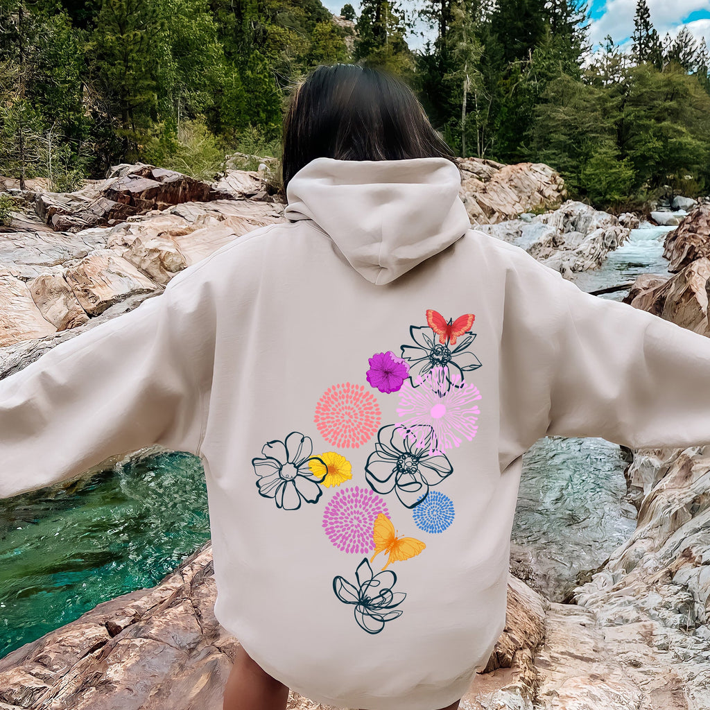 Floral Outlines Flower Doodle Botanical Sketches In Soft Fleece Cozy Everyday Wear Hoodie