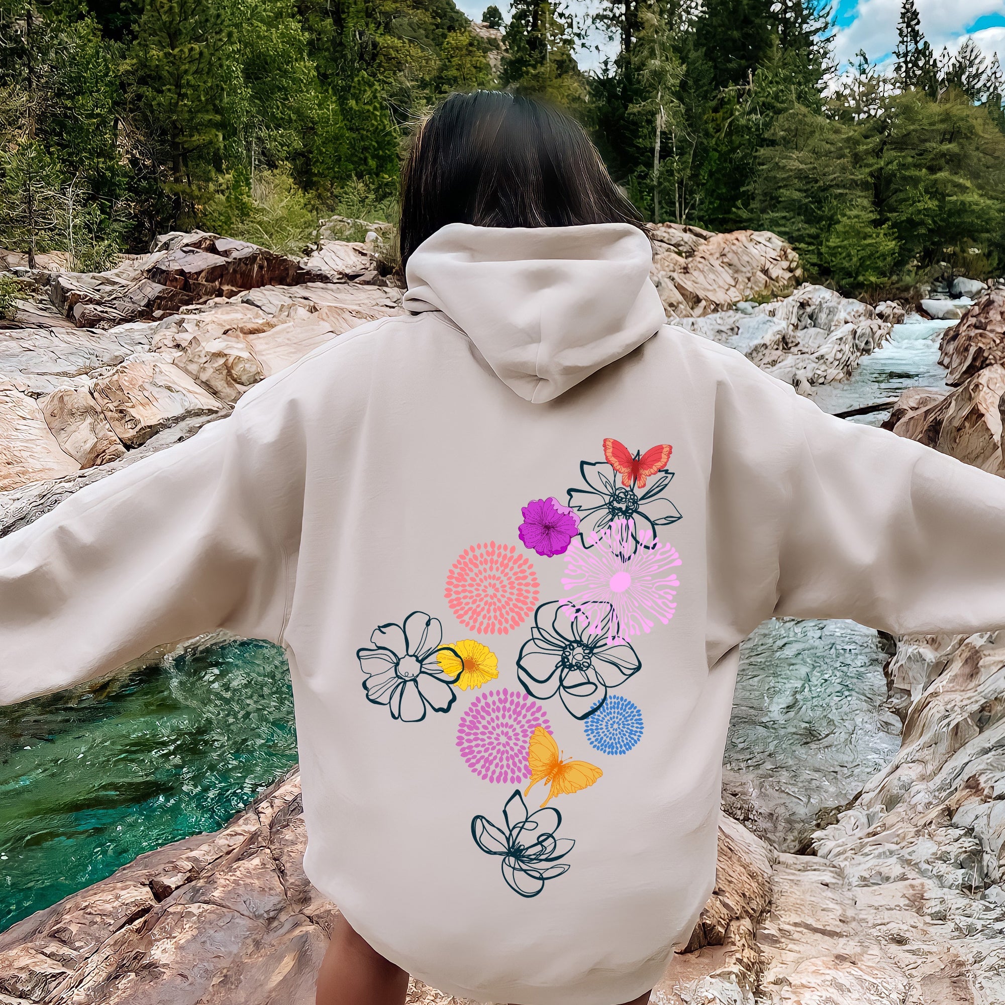 Floral Outlines Flower Doodle Botanical Sketches In Soft Fleece Cozy Everyday Wear Hoodie