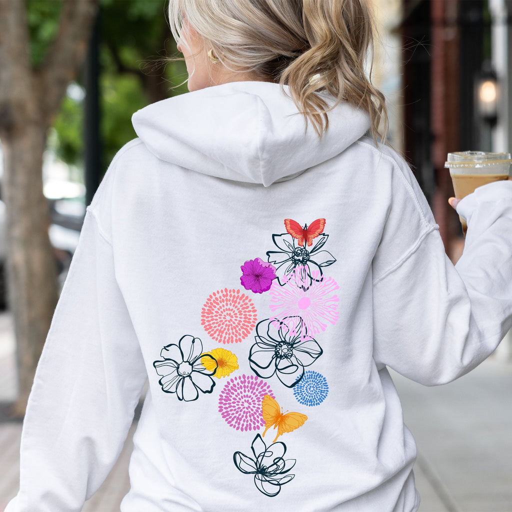 Floral Outlines Flower Doodle Botanical Sketches In Soft Fleece Cozy Everyday Wear Hoodie
