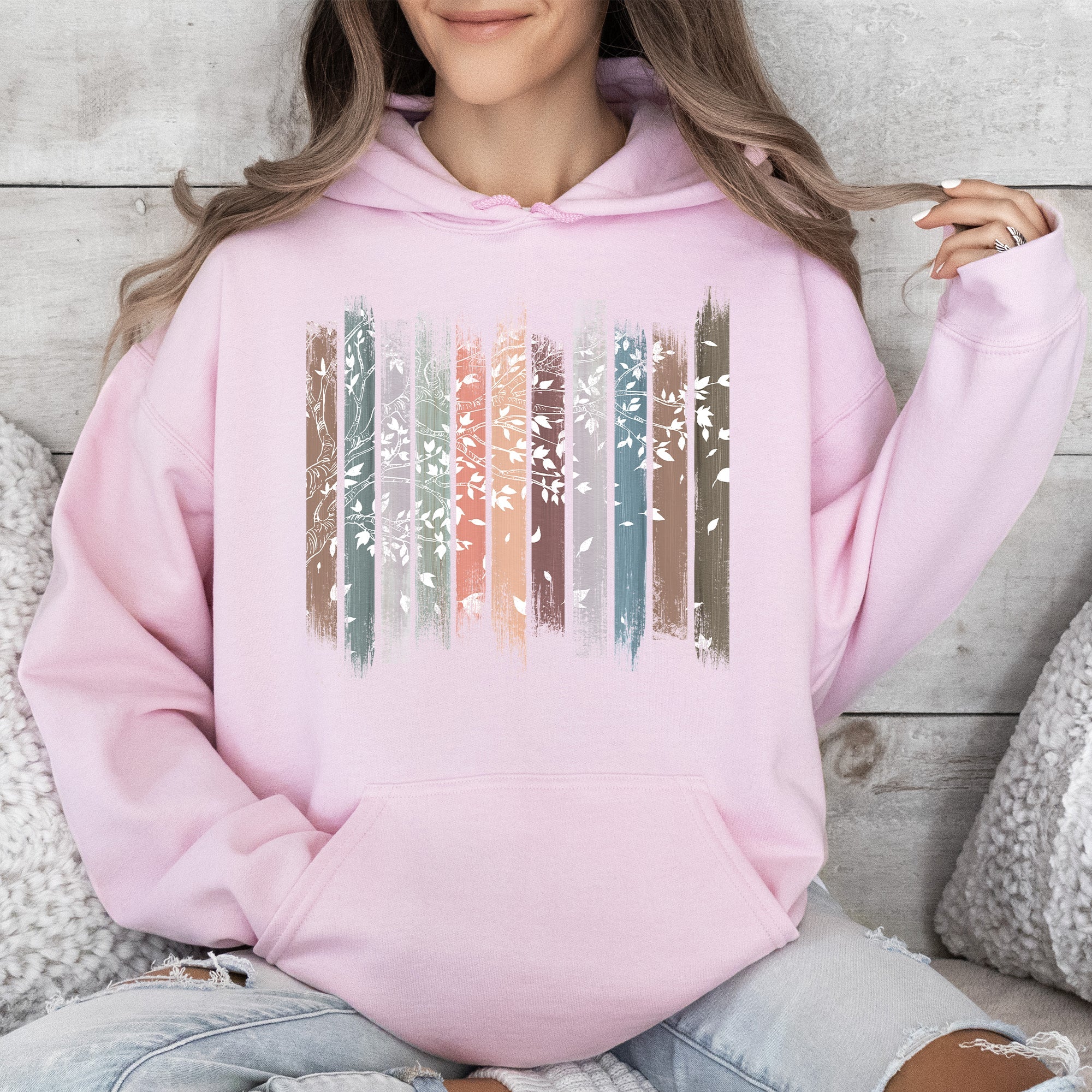 Falling Leaves, Botanical Stripes Autumn Foliage Pattern With Soft Fleece Hoodie