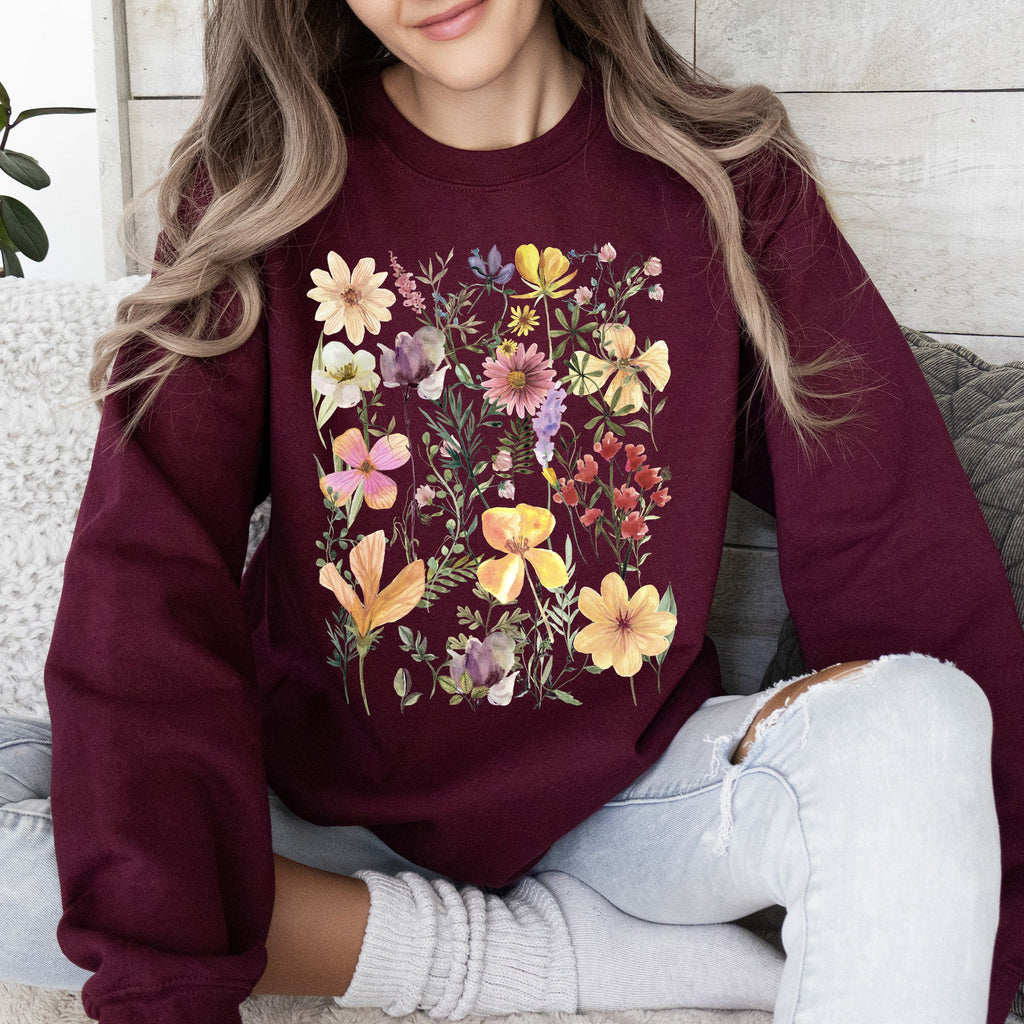 Mountain Meadow Pressed Flowers Nature-Inspired Botanical Print With Vintage Rustic Charm Sweatshirt