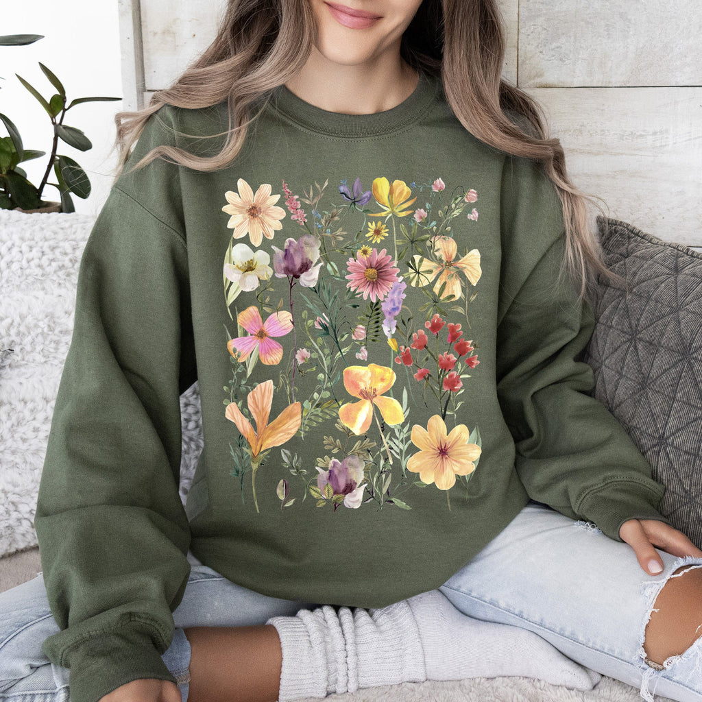 Mountain Meadow Pressed Flowers Nature-Inspired Botanical Print With Vintage Rustic Charm Sweatshirt