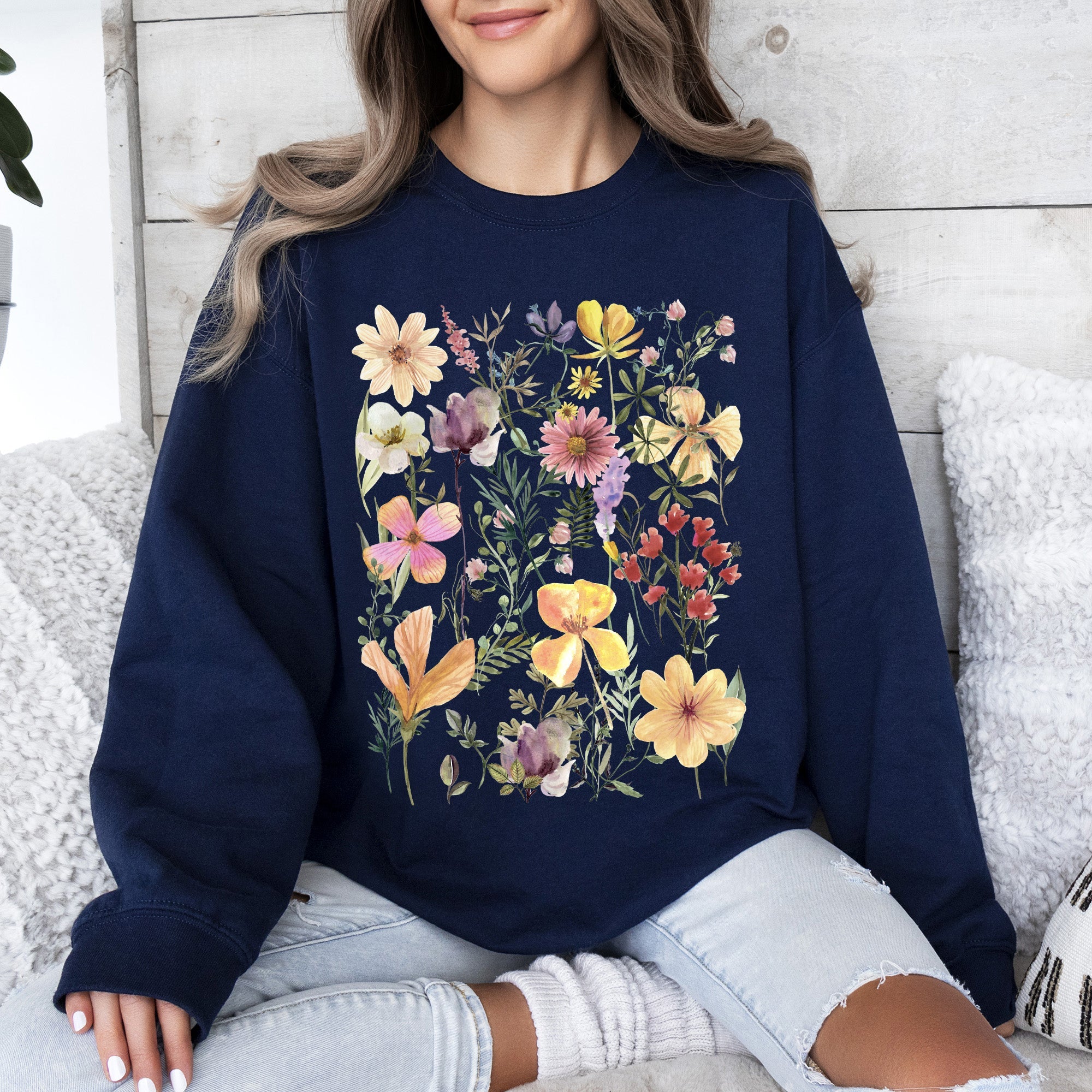 Mountain Meadow Pressed Flowers Nature-Inspired Botanical Print With Vintage Rustic Charm Sweatshirt