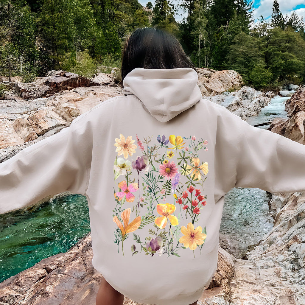 Mountain Meadow Pressed Flowers Botanical Illustration Garden Print Nature Inspired Hoodie