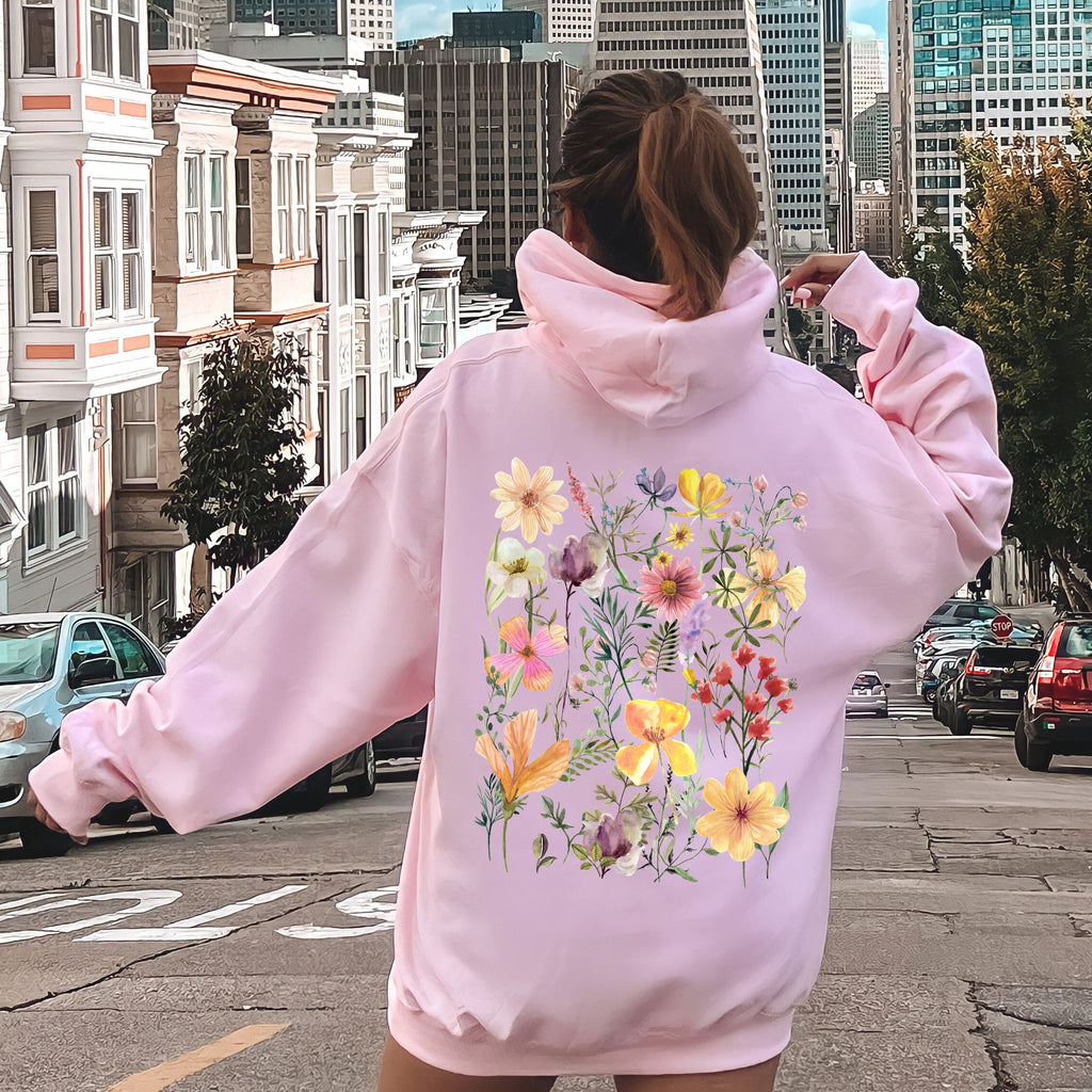 Mountain Meadow Pressed Flowers Botanical Illustration Garden Print Nature Inspired Hoodie