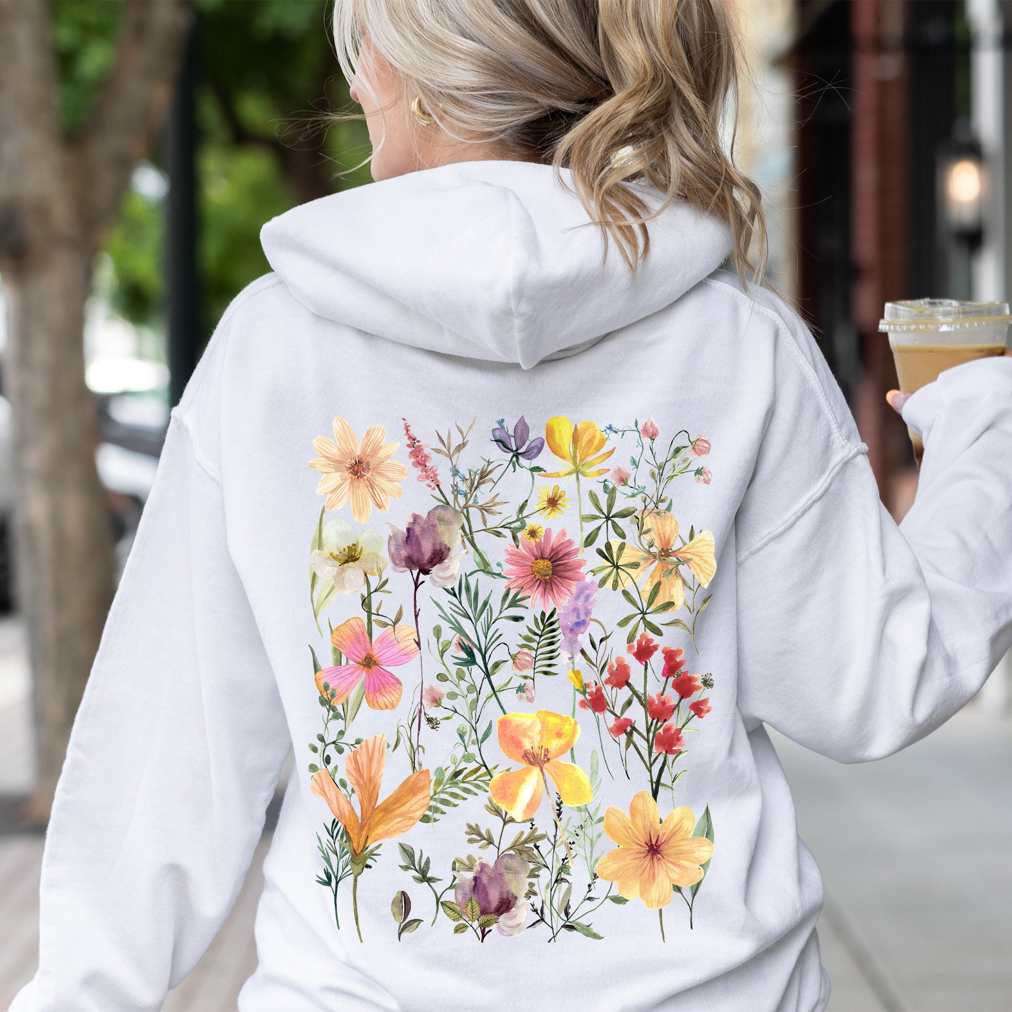 Mountain Meadow Pressed Flowers Botanical Illustration Garden Print Nature Inspired Hoodie