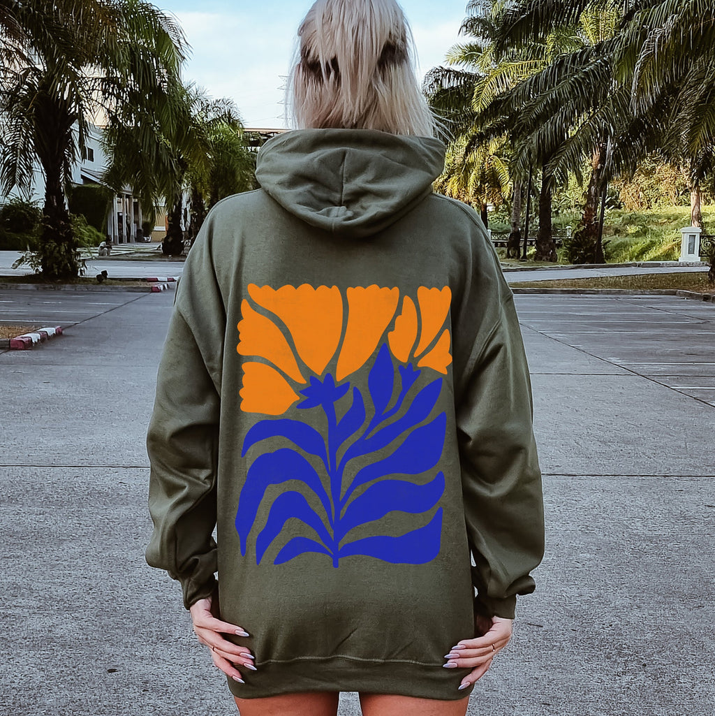 Floral Design With Bold Blues And Oranges And Intricate Petal Patterns For A Standout Look Hoodie