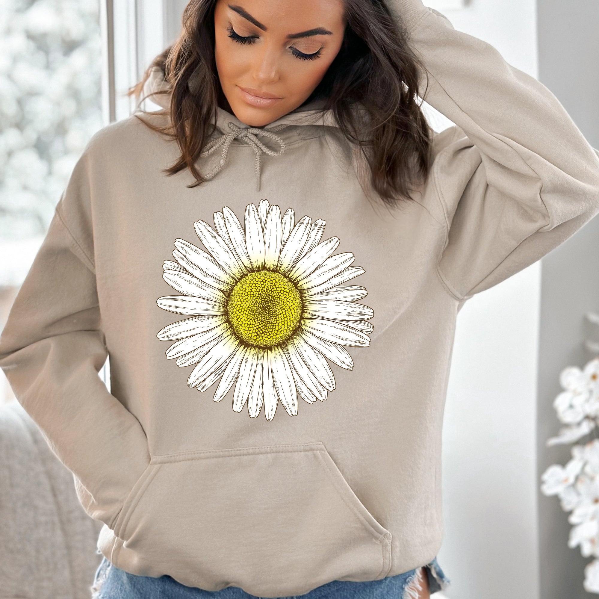 Retro Daisy Print Vintage Floral Garden Motif With Soft Fleece Inside Cozy Everyday Hoodie