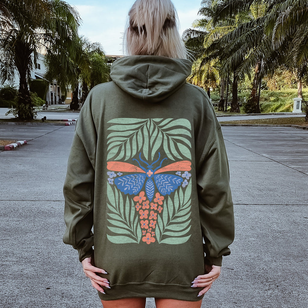 Tropical Butterfly and Palm Design Boho Print Beachside Paradise Illustration Artwork Hoodie