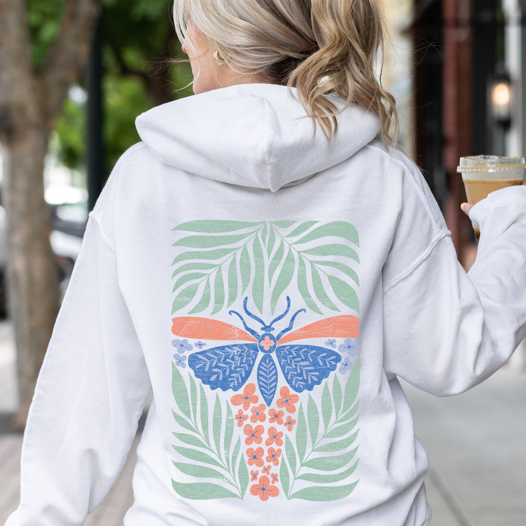 Tropical Butterfly and Palm Design Boho Print Beachside Paradise Illustration Artwork Hoodie