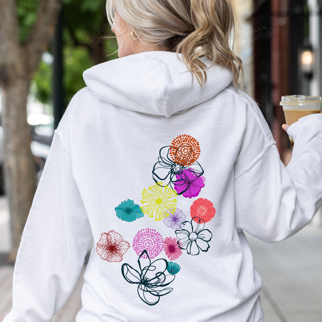 Floral Outlines Leaves Flowers Colorful Botanical Sketch Nature Inspired Abstract Garden Hoodie
