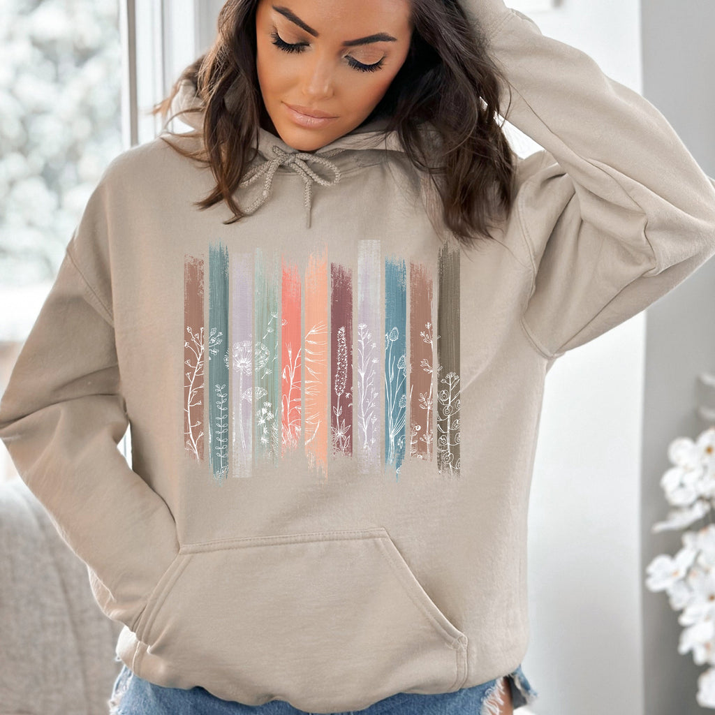 Wildflowers Nature Floral Botanical Stripes Cozy Soft Fleece Texture Vintage Inspired Everyday Wear Graphic Hoodie