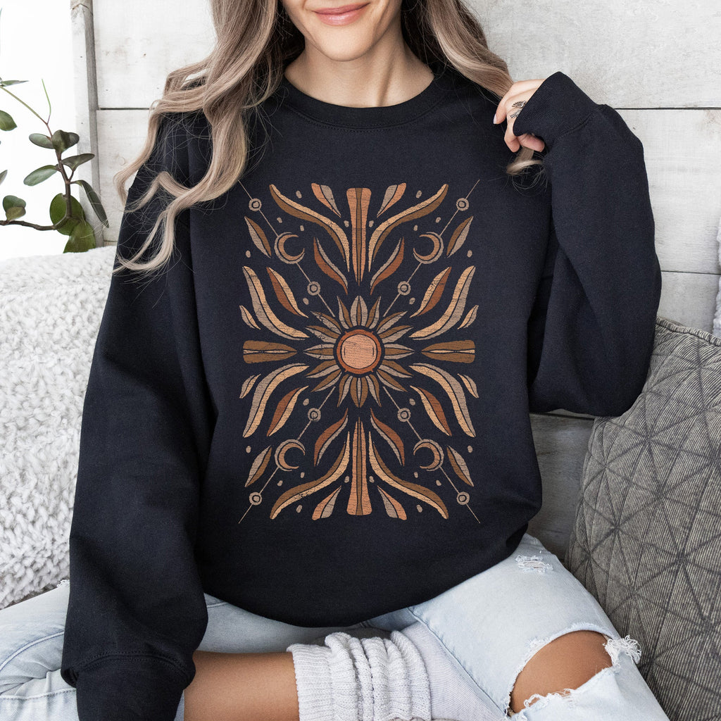 Boho Radiant Sun Celestial Mandala Print Cozy Fleece Lined Warm Winter Edition Sweatshirt