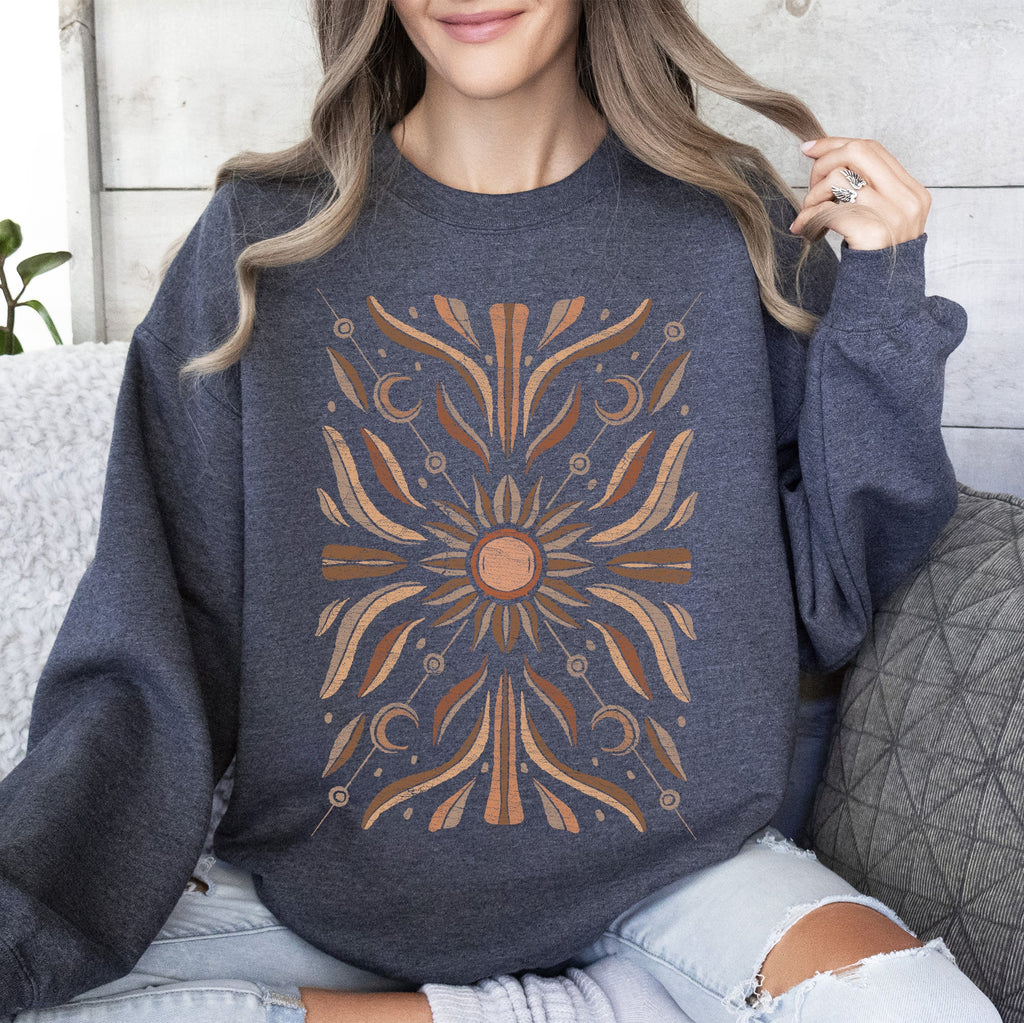 Boho Radiant Sun Celestial Mandala Print Cozy Fleece Lined Warm Winter Edition Sweatshirt