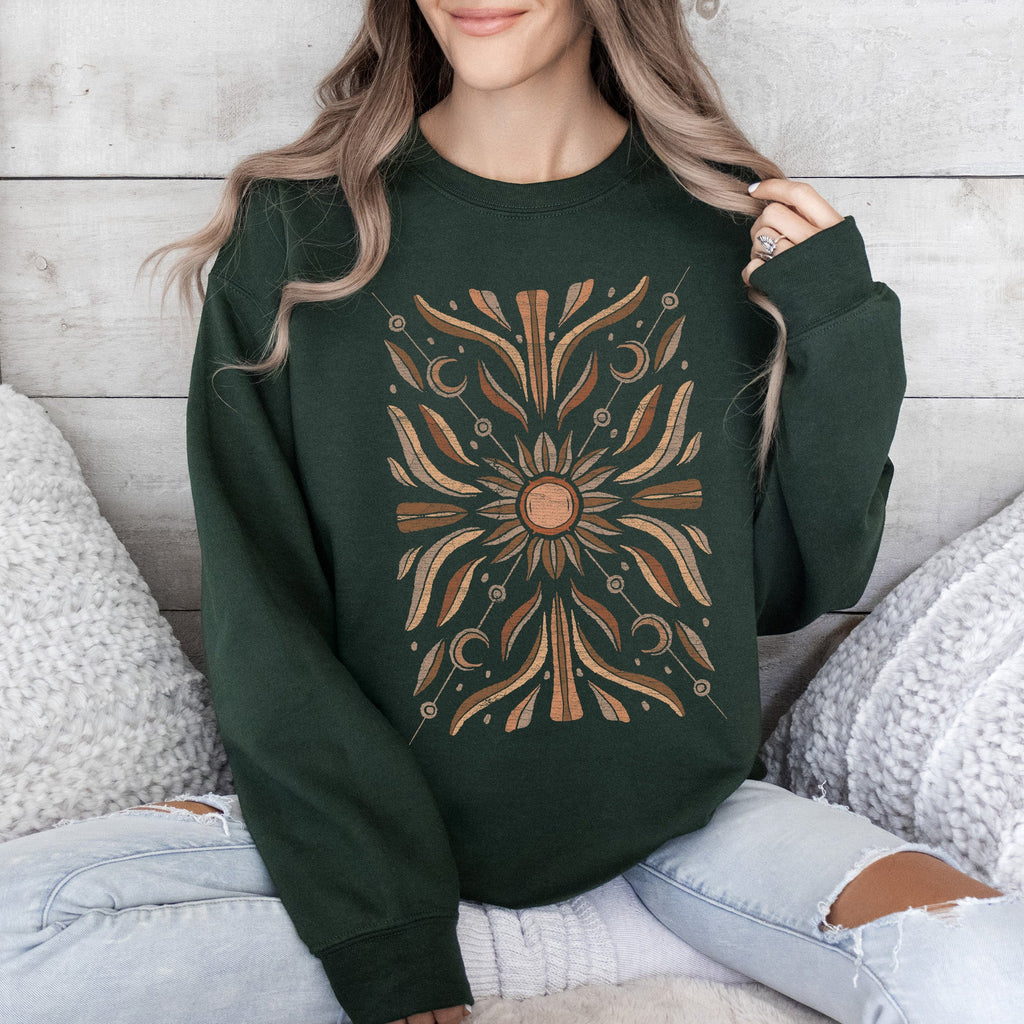Boho Radiant Sun Celestial Mandala Print Cozy Fleece Lined Warm Winter Edition Sweatshirt