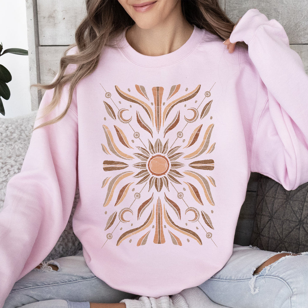 Boho Radiant Sun Celestial Mandala Print Cozy Fleece Lined Warm Winter Edition Sweatshirt