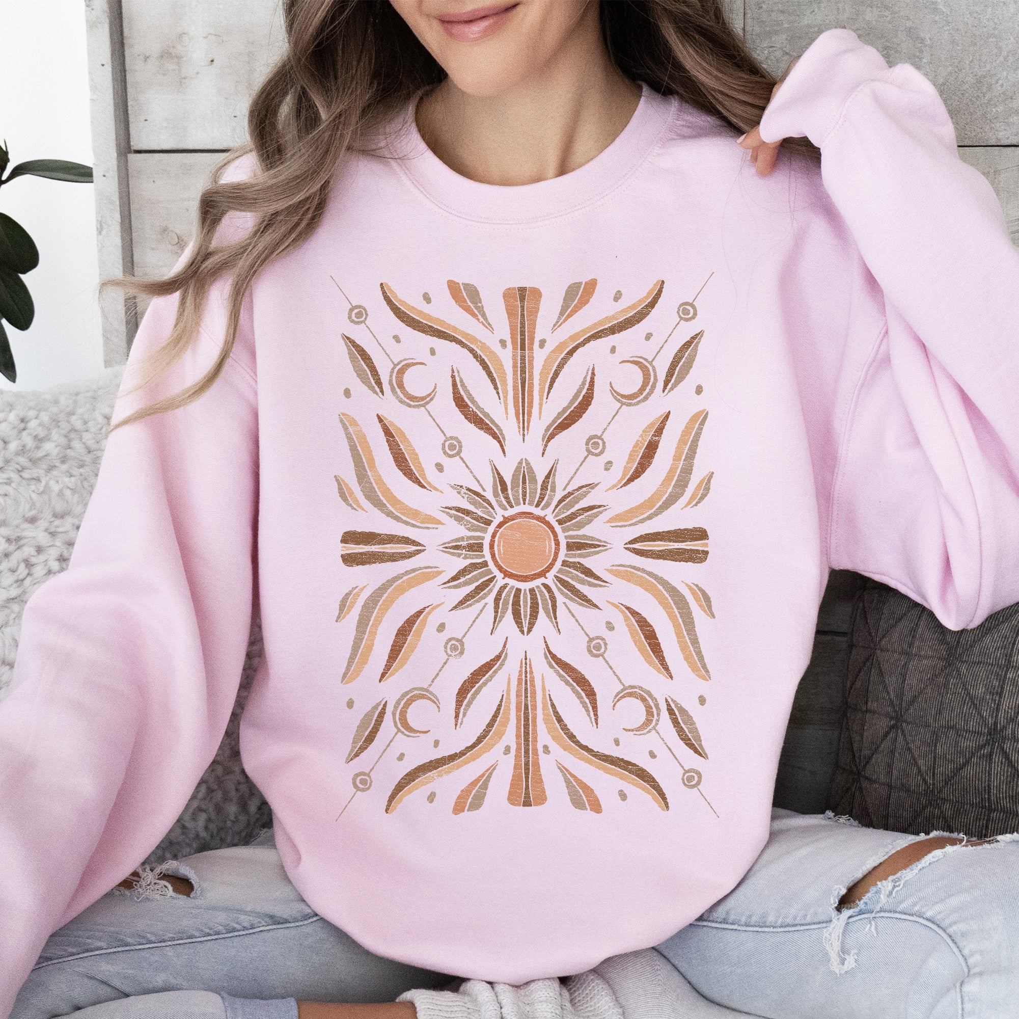Boho Radiant Sun Celestial Mandala Print Cozy Fleece Lined Warm Winter Edition Sweatshirt