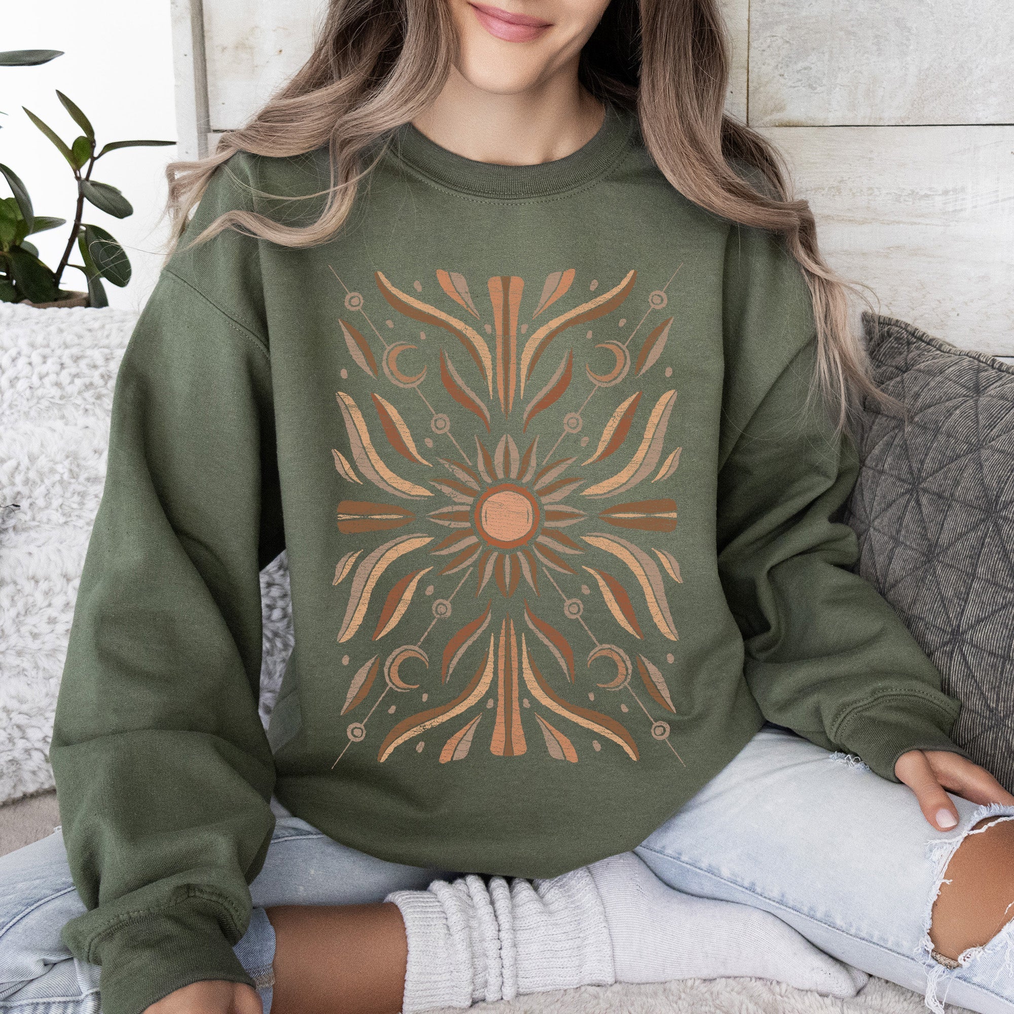 Boho Radiant Sun Celestial Mandala Print Cozy Fleece Lined Warm Winter Edition Sweatshirt