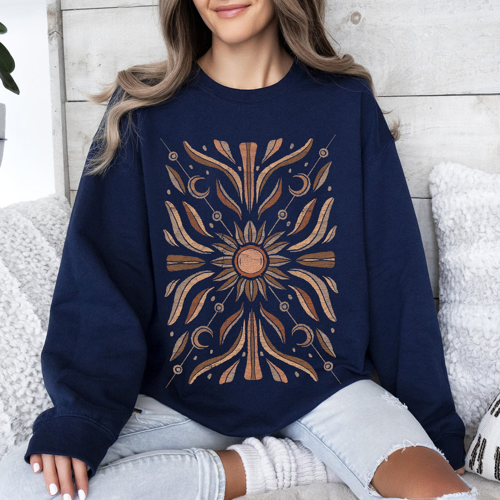 Boho Radiant Sun Celestial Mandala Print Cozy Fleece Lined Warm Winter Edition Sweatshirt
