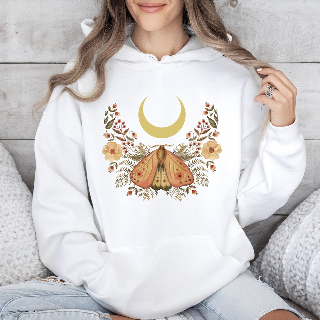 Mystical Moth And Moon, Enchanted Floral Night Sky, Celestial Garden Nighttime Scene Hoodie