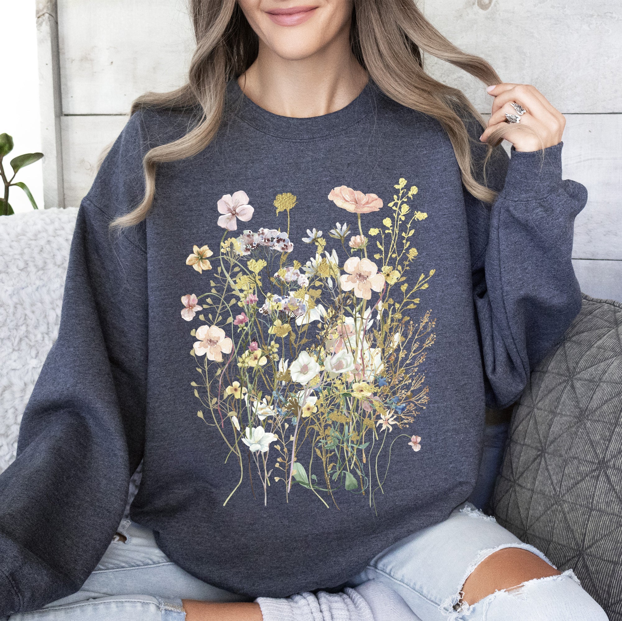 Pressed Flower Bouquet Botanical Artwork Floral Print Vintage Inspired Nature Illustration Sweatshirt
