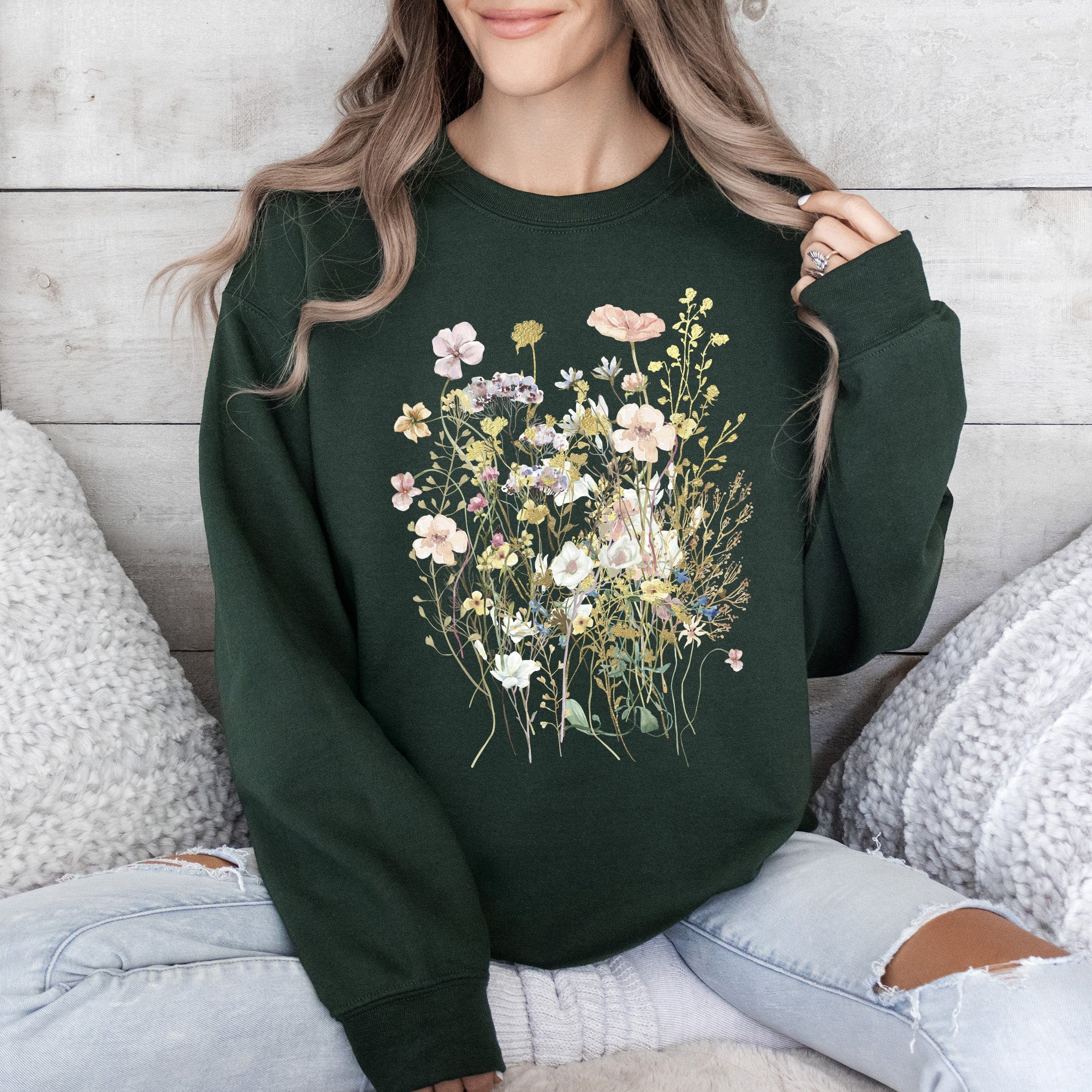 Pressed Flower Bouquet Botanical Artwork Floral Print Vintage Inspired Nature Illustration Sweatshirt
