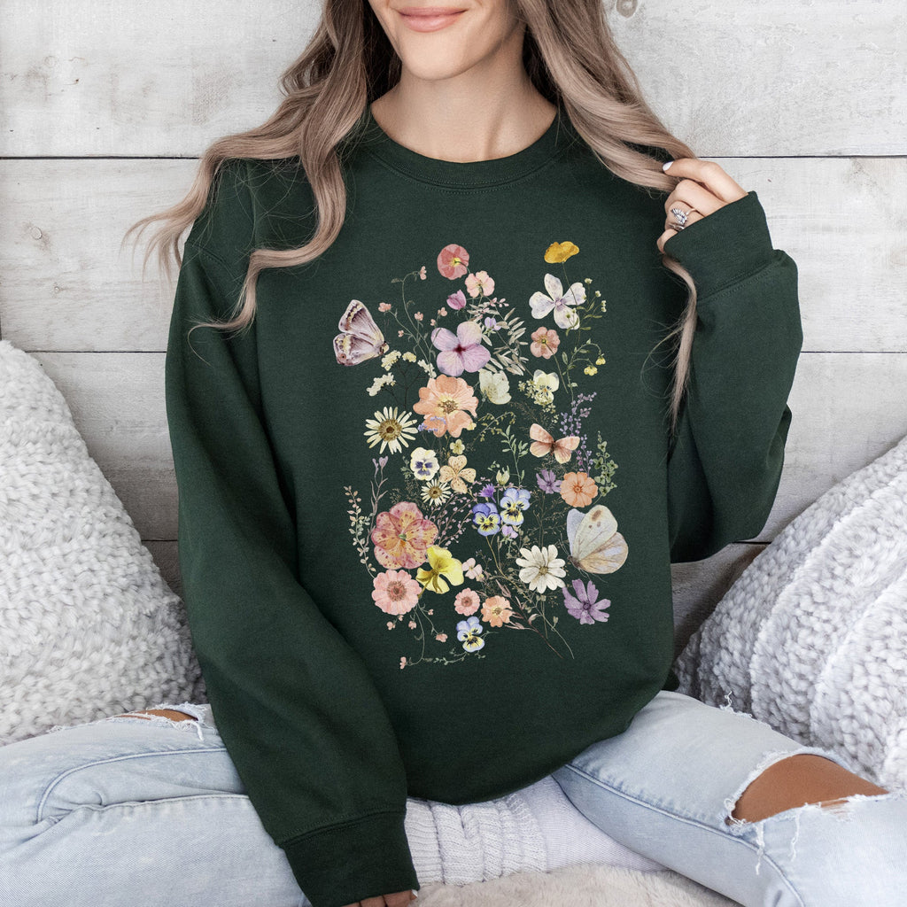 Butterfly Mountain Meadow Pressed Flower Botanical Print Vintage Inspired Sweatshirt