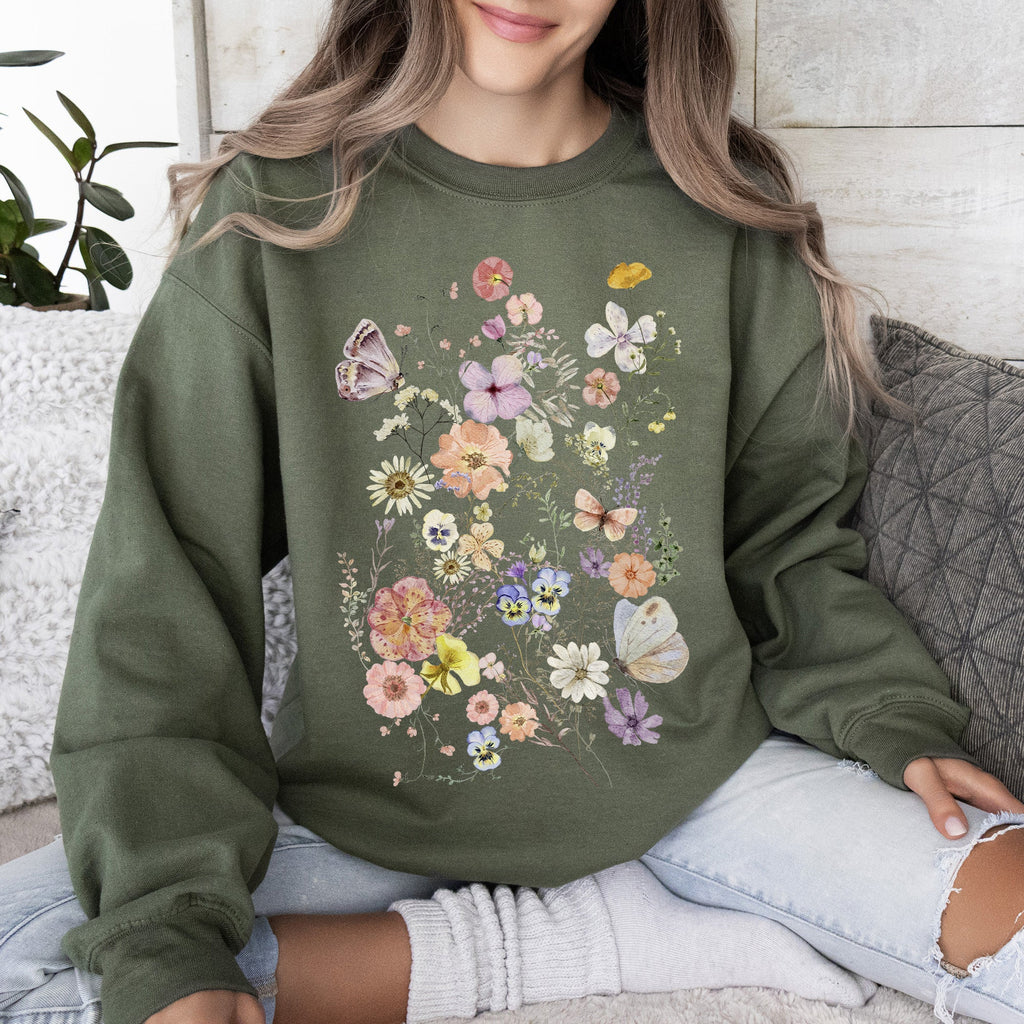 Butterfly Mountain Meadow Pressed Flower Botanical Print Vintage Inspired Sweatshirt