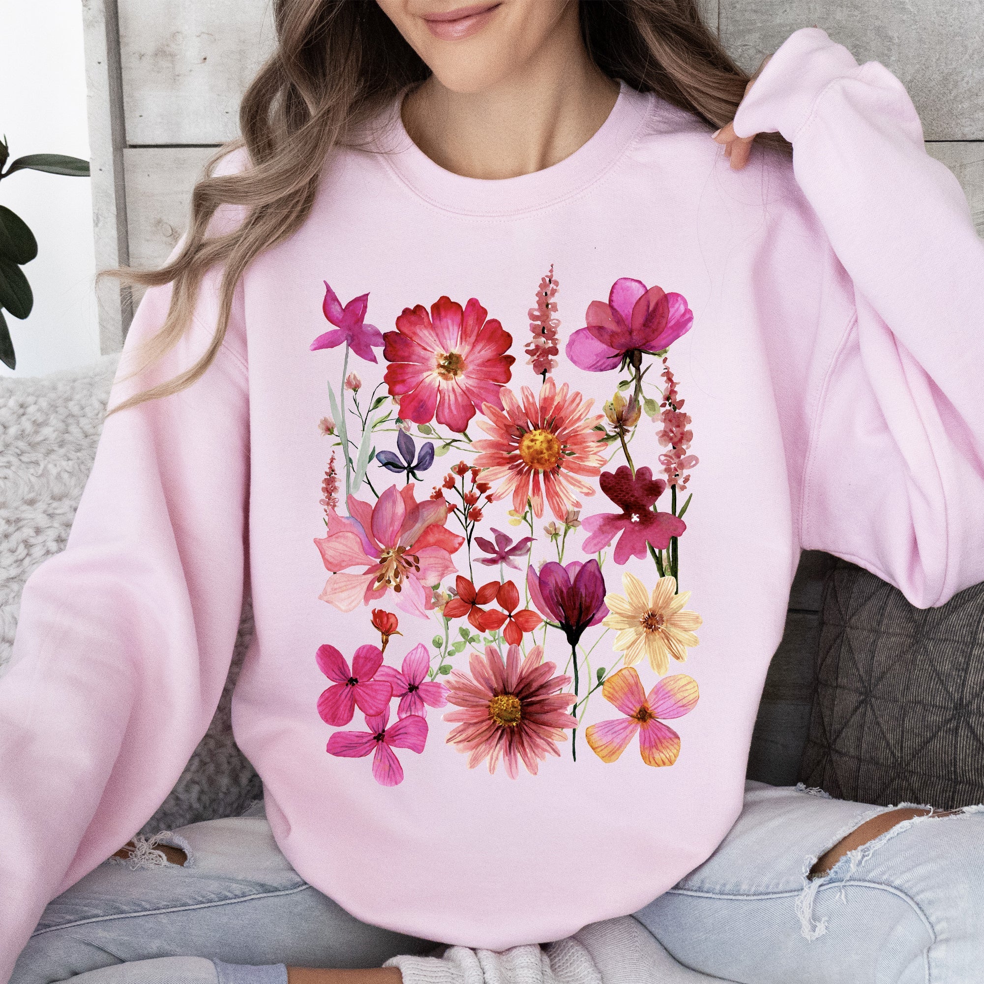 Vibrant Pressed Flower Botanical Garden Themed Floral Illustration Art Print Sweatshirt