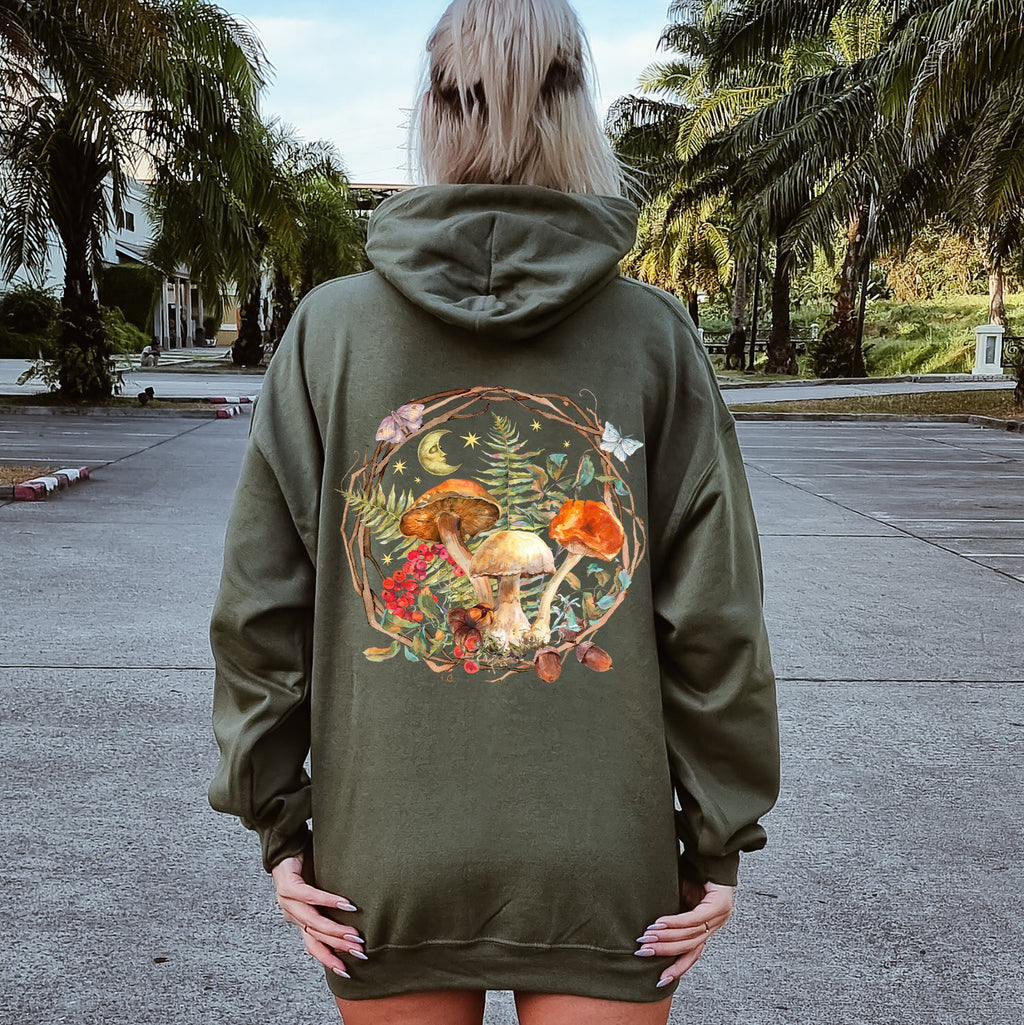 Moon, Moth And Mushrooms, Nature, Forest, Cottage Hoodie