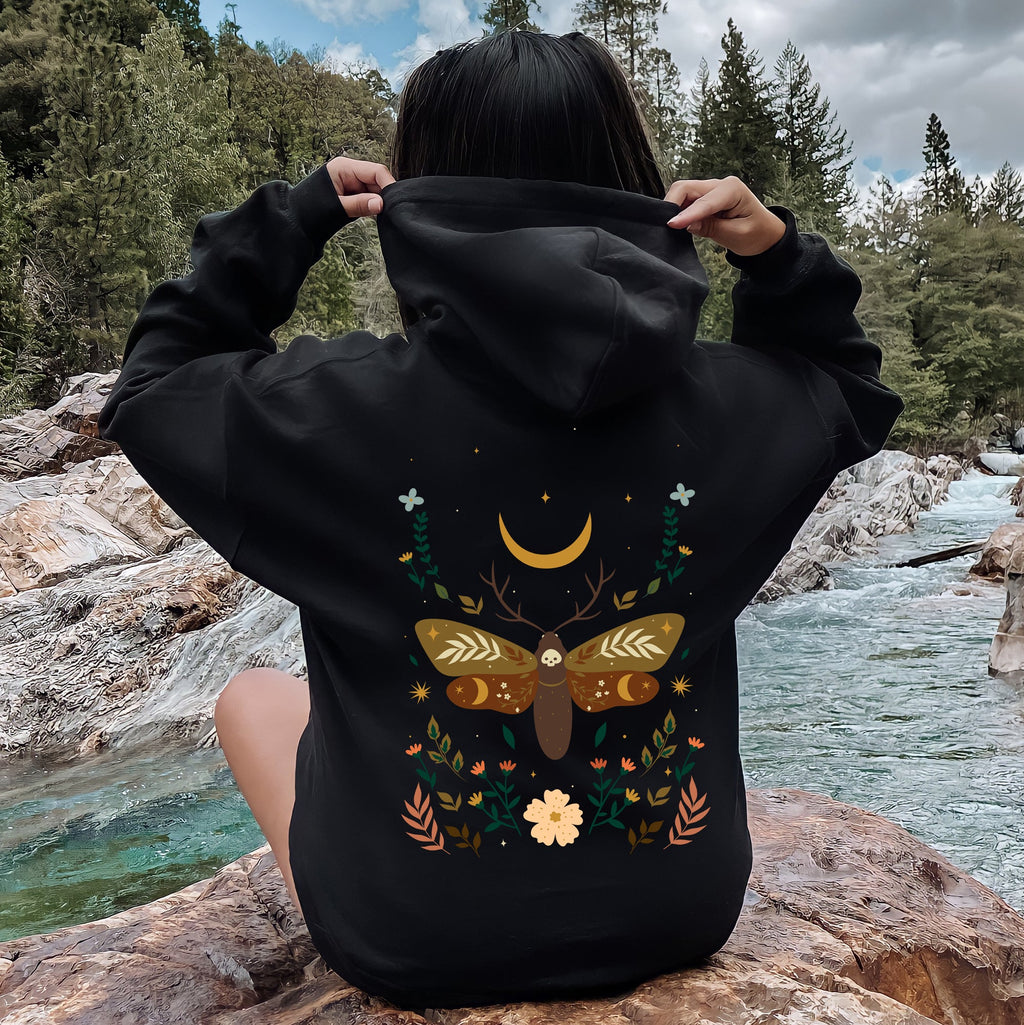 Enchanted Moth Garden Floral Print Botanical Moth Themed Art Nature Inspired Graphic Hoodie