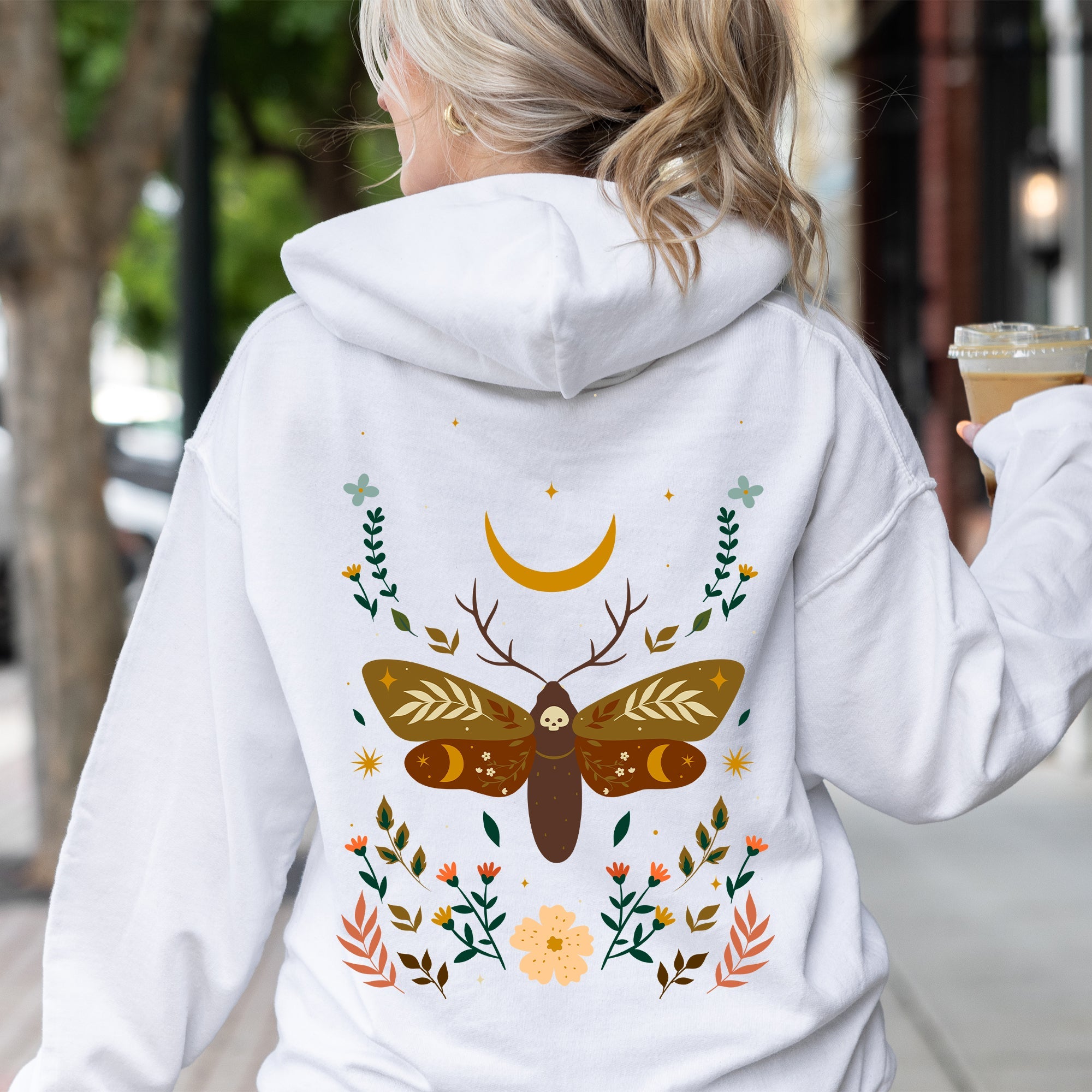 Enchanted Moth Garden Floral Print Botanical Moth Themed Art Nature Inspired Graphic Hoodie