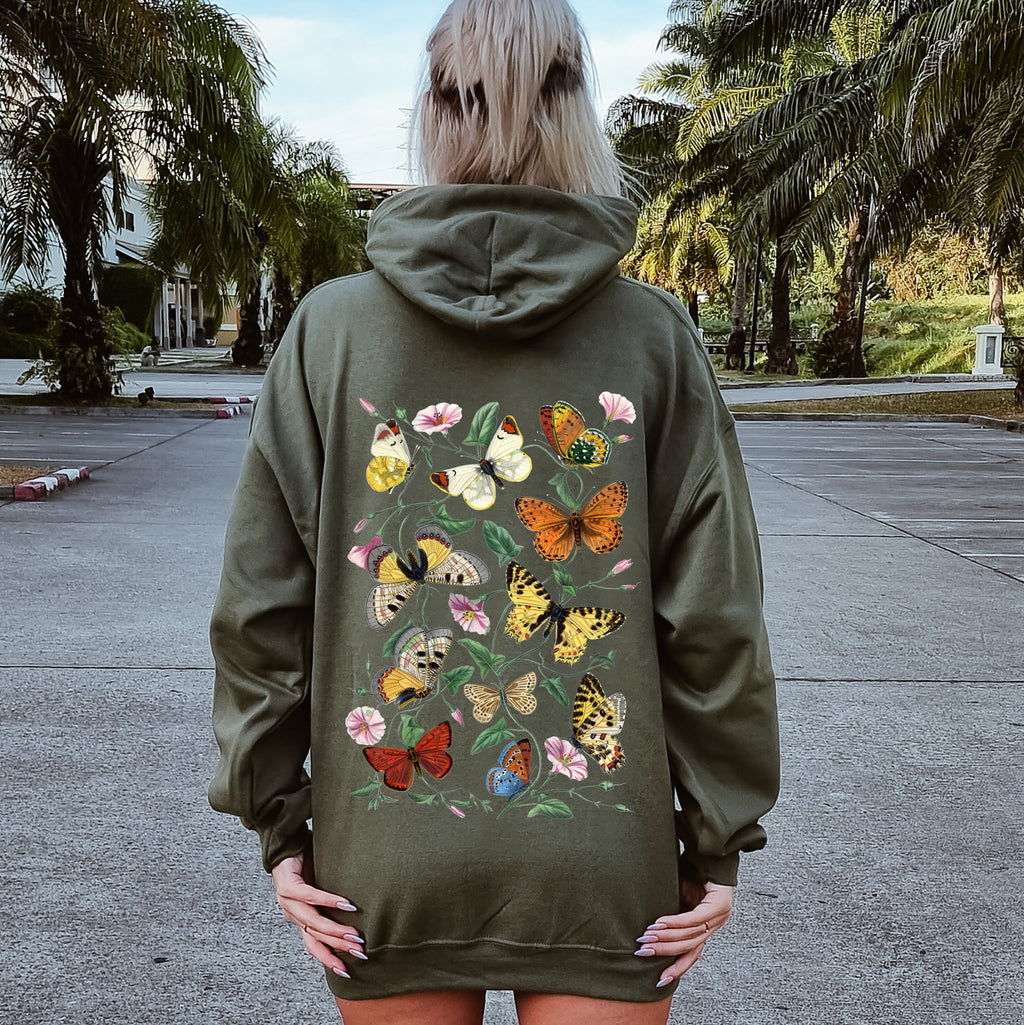 Butterfly Garden Floral And Butterfly Print Nature Inspired Garden Scene With Blooming Flowers Graphic Hoodie